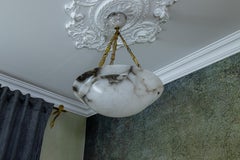 French Art Deco Alabaster Pendant Light with Dark Veining and Brass Chains