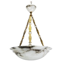 French Art Deco Alabaster Pendant Light with Dark Veining and Brass Chains
