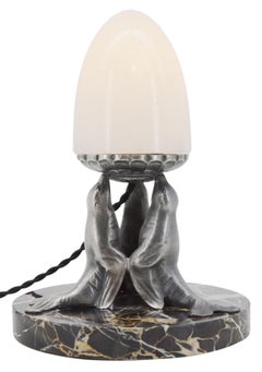 French Art Deco Alabaster Sea Lion Table Lamp Night-Light, 1920s