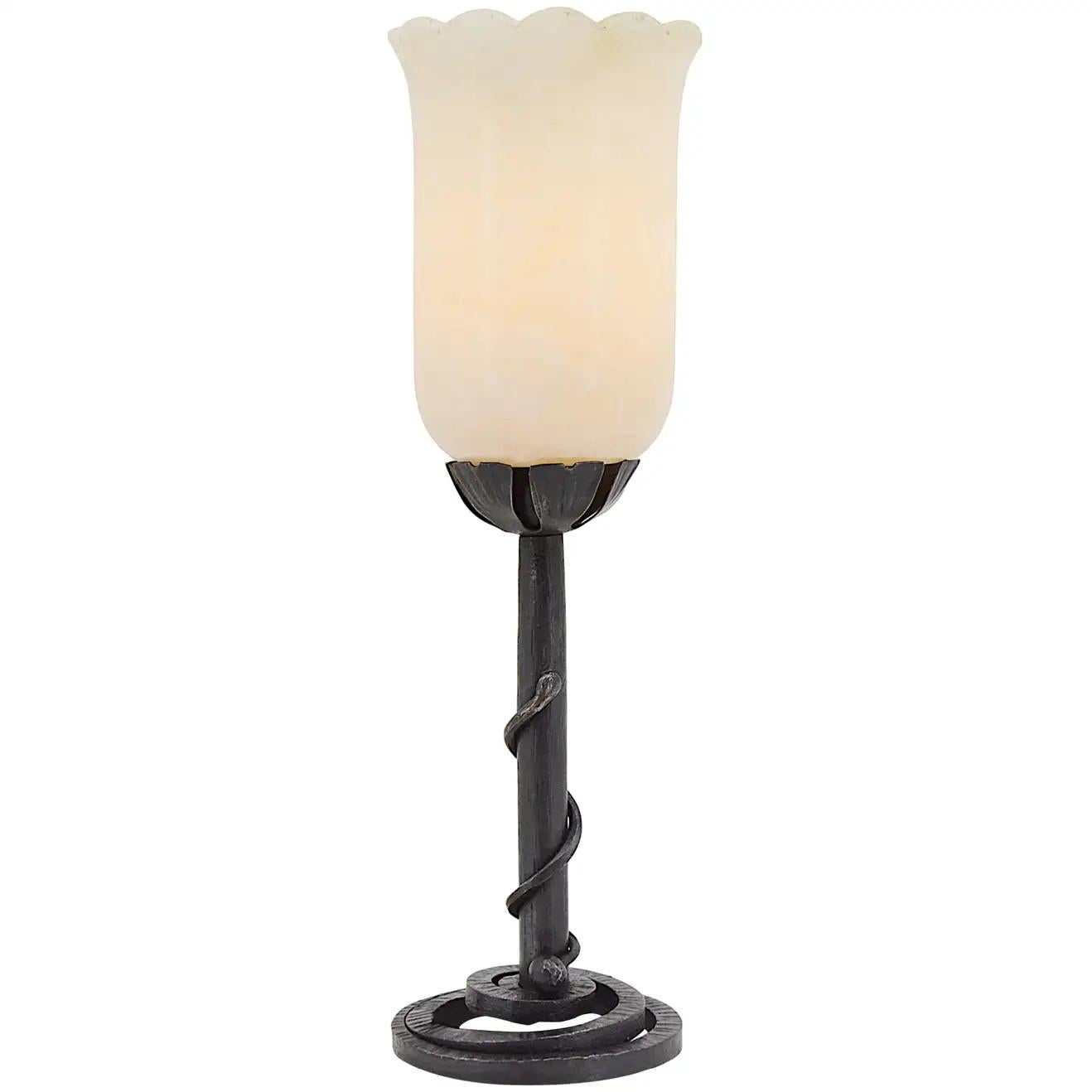 French Art Deco Alabaster & Snake Wrought-Iron Table Lamp, 1920s