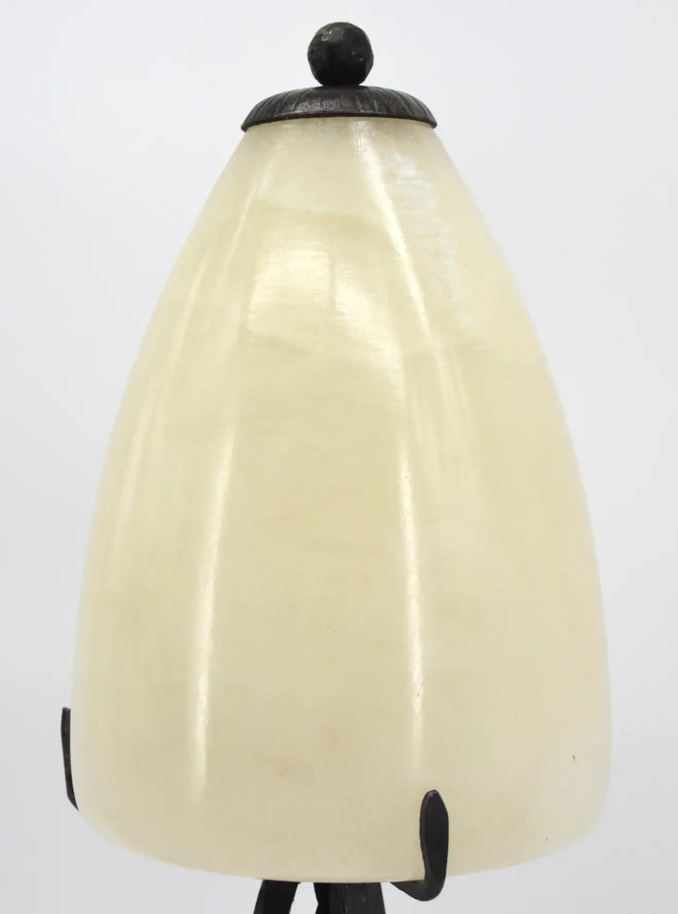 Wrought Iron French Art Deco Alabaster Table Lamp, 1920s For Sale