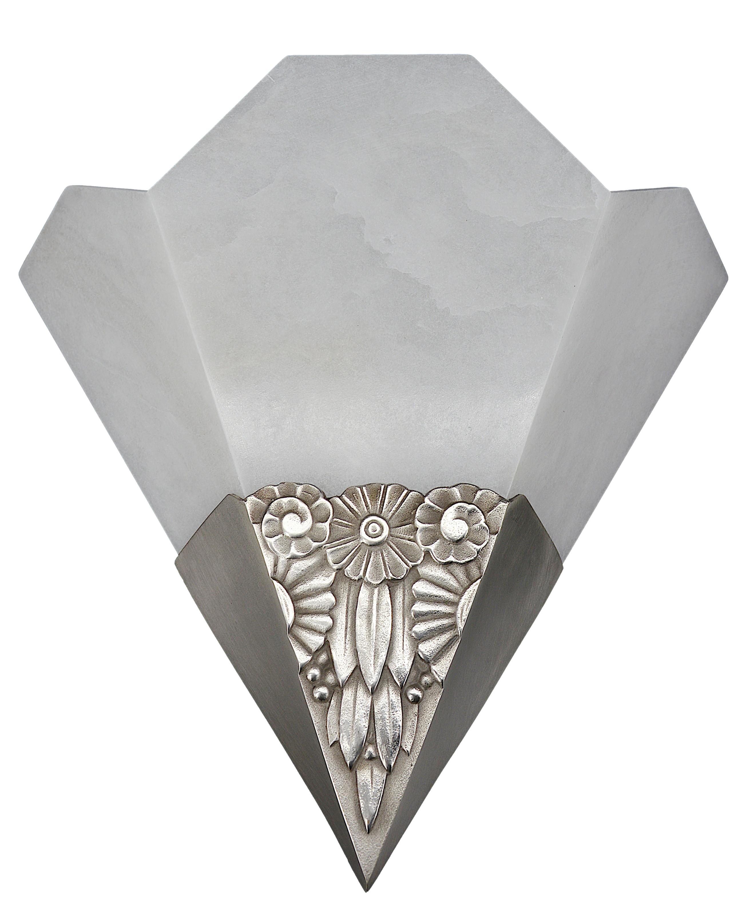 Silvered French Art Deco Alabaster Wall Sconces, 1920s For Sale