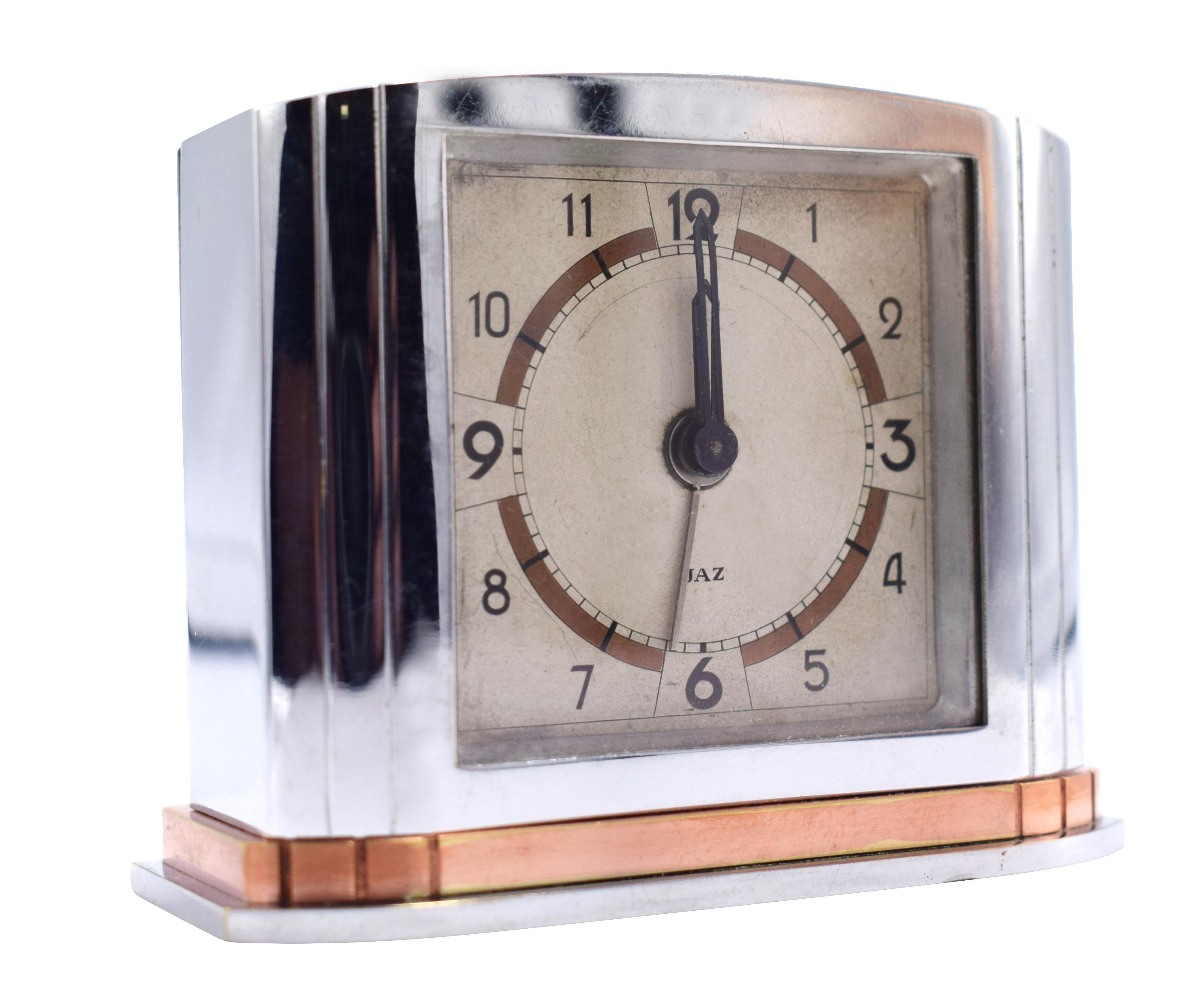 Very cute and quite rare little Art Deco chrome French alarm clock by the well known makers 'Jaz'. This clock is a real delight and totally authentic. Quite a weighty little piece and in above average condition. 95% of the chrome is crisp and clean.