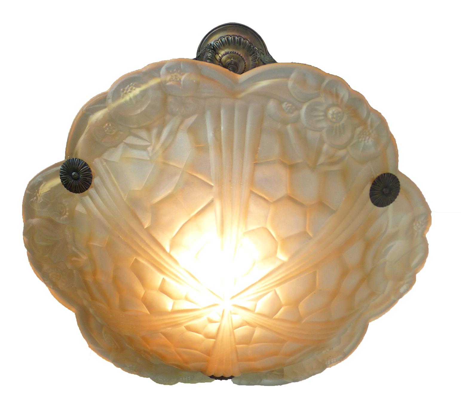 Frosted French Art Deco Amber Chandelier & Pendant Light in Degué Style Thick Glass 1930