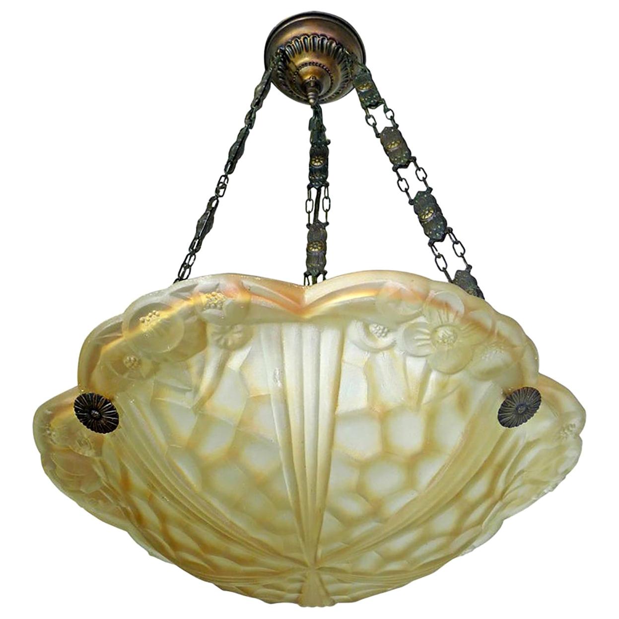 French Art Deco Amber Chandelier & Pendant Light in Degué Style Thick Glass 1930