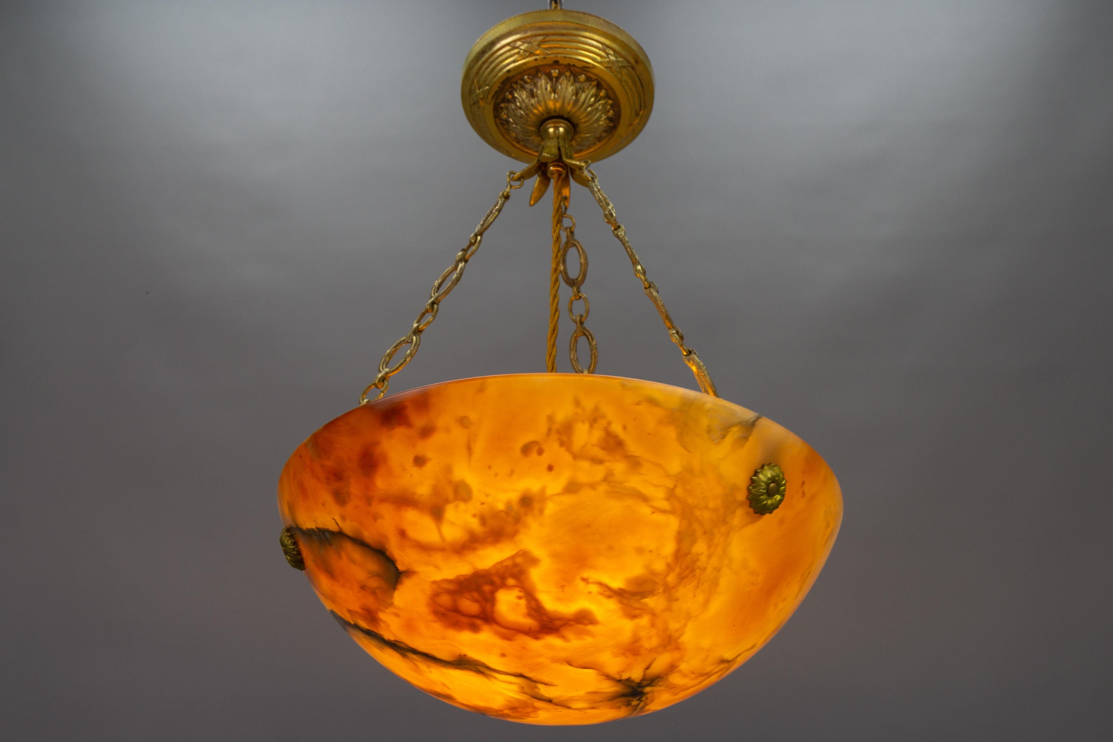 French Art Deco Amber Color Alabaster and Bronze Pendant Light, circa 1920 For Sale 2