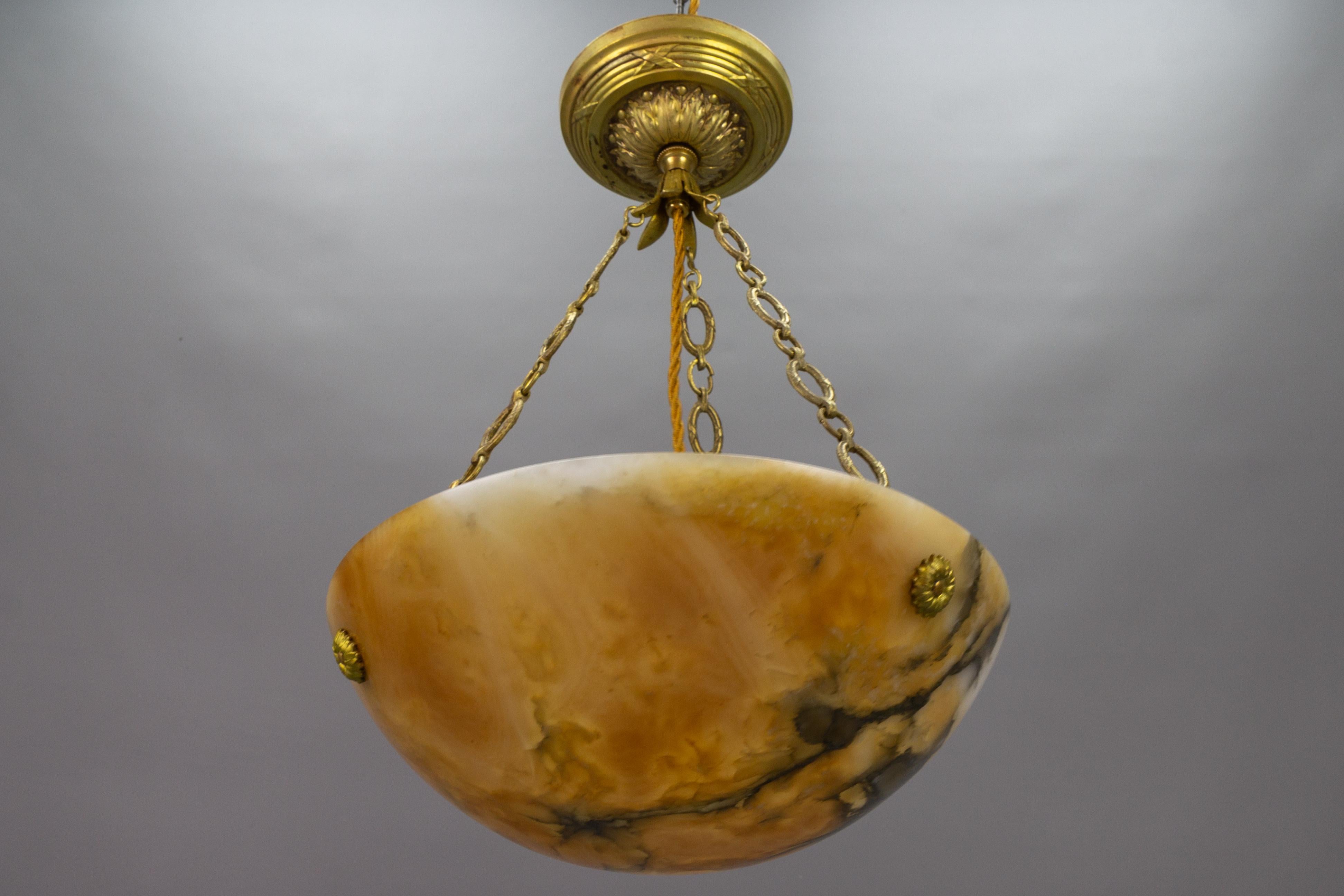 French Art Deco Amber Color Alabaster and Bronze Pendant Light, circa 1920 For Sale 5