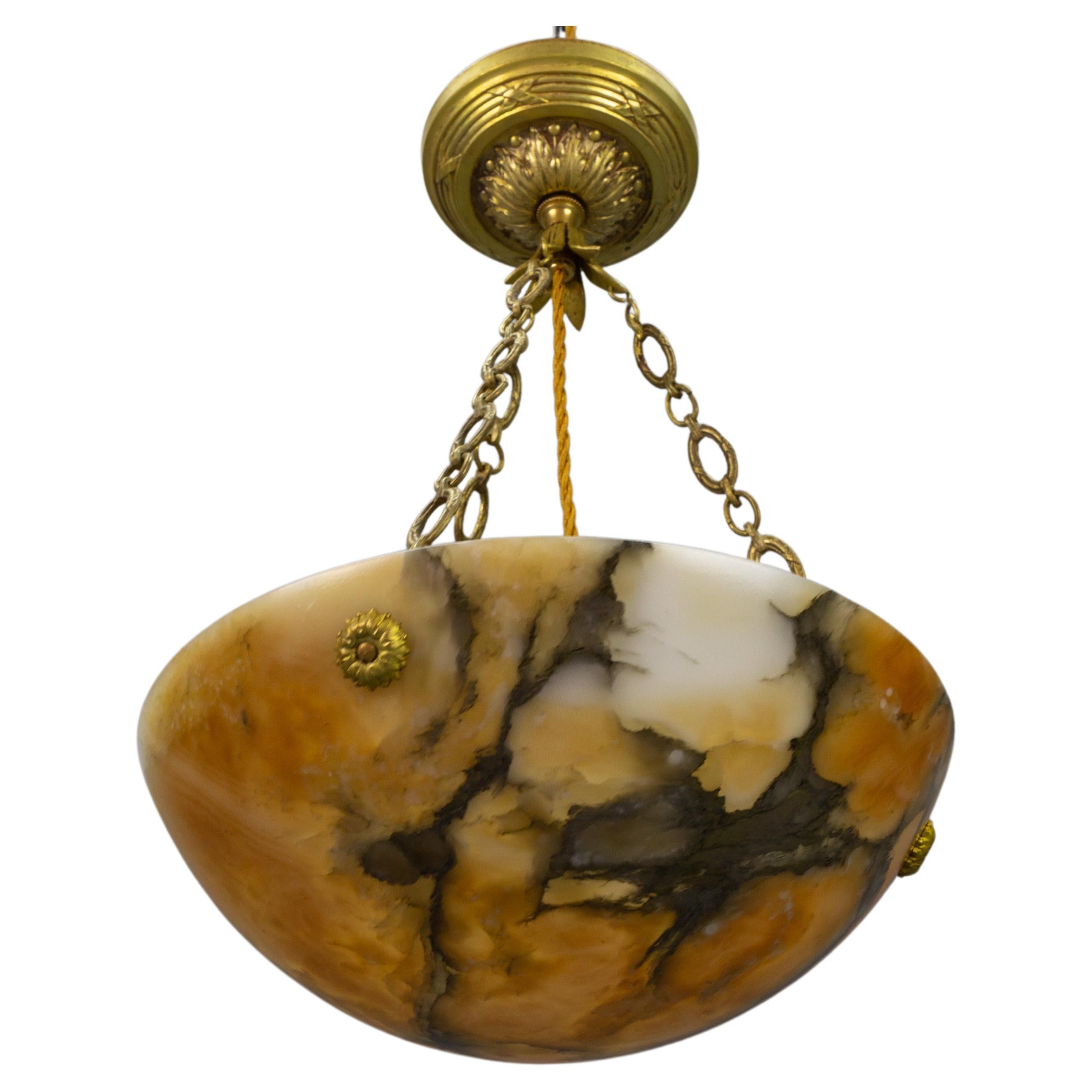 French Art Deco Amber Color Alabaster and Bronze Pendant Light, circa 1920 For Sale