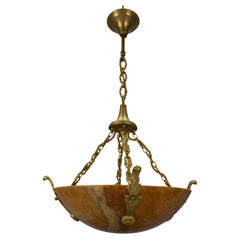 Antique French Art Deco Amber Color Alabaster and Bronze Pendant Light, circa 1920