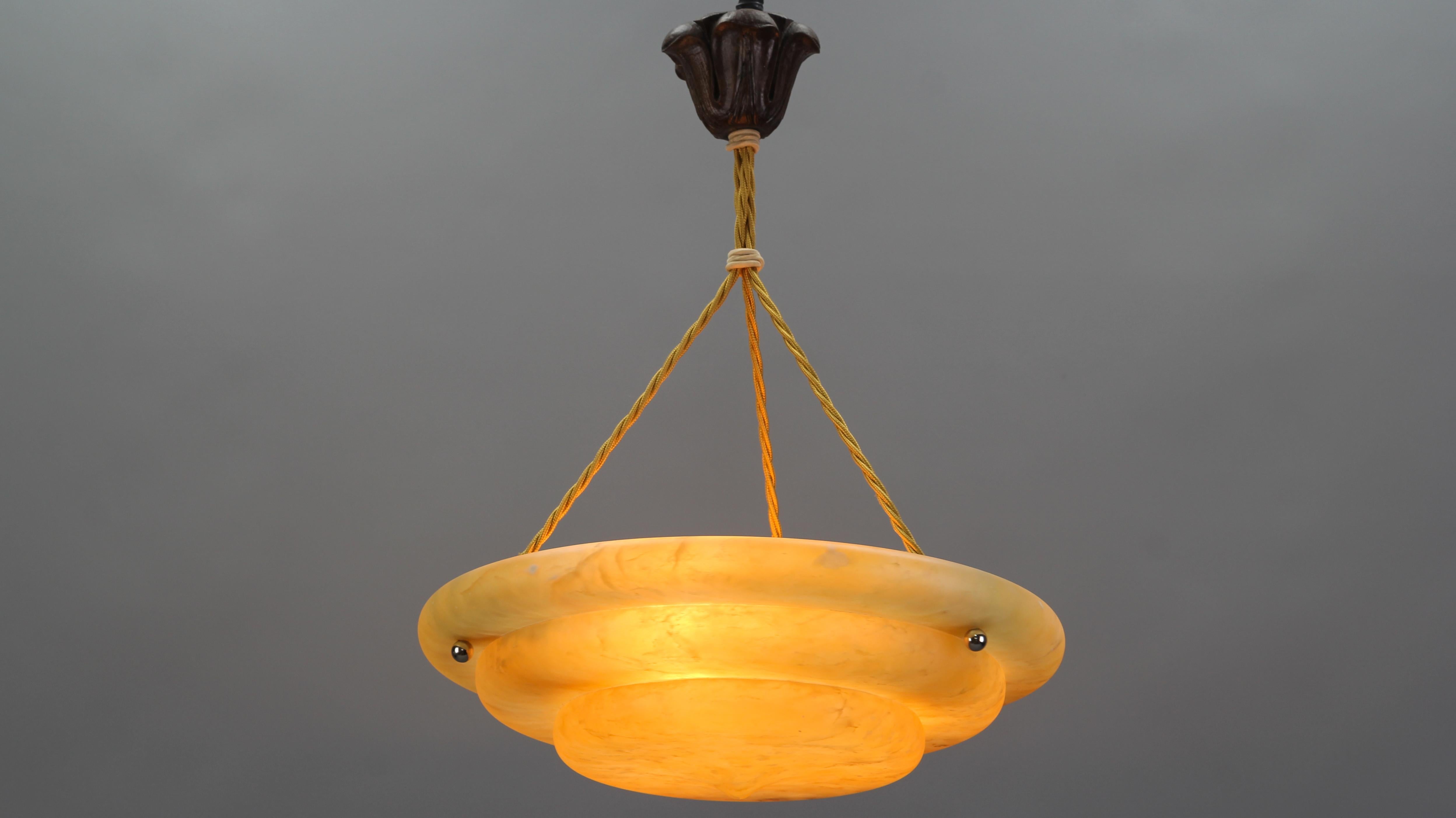 French Art Deco Amber Color Alabaster Three-Light Pendant Light Fixture, 1930s 5