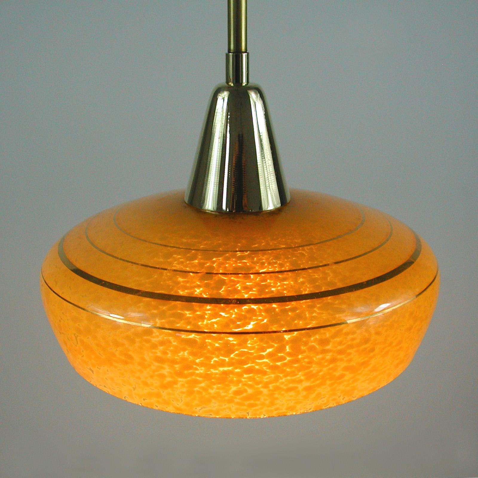 French Art Deco Amber Glass and Brass Pendants, 1930s-1940s, Set of 3 6