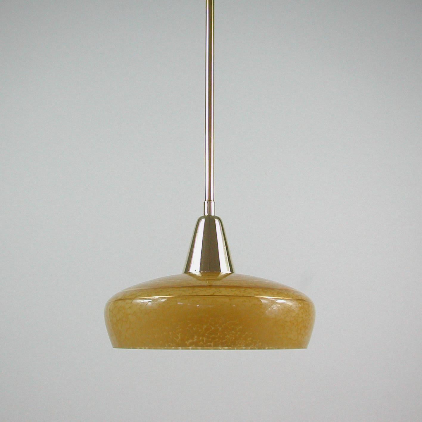 French Art Deco Amber Glass and Brass Pendants, 1930s-1940s, Set of 3 7