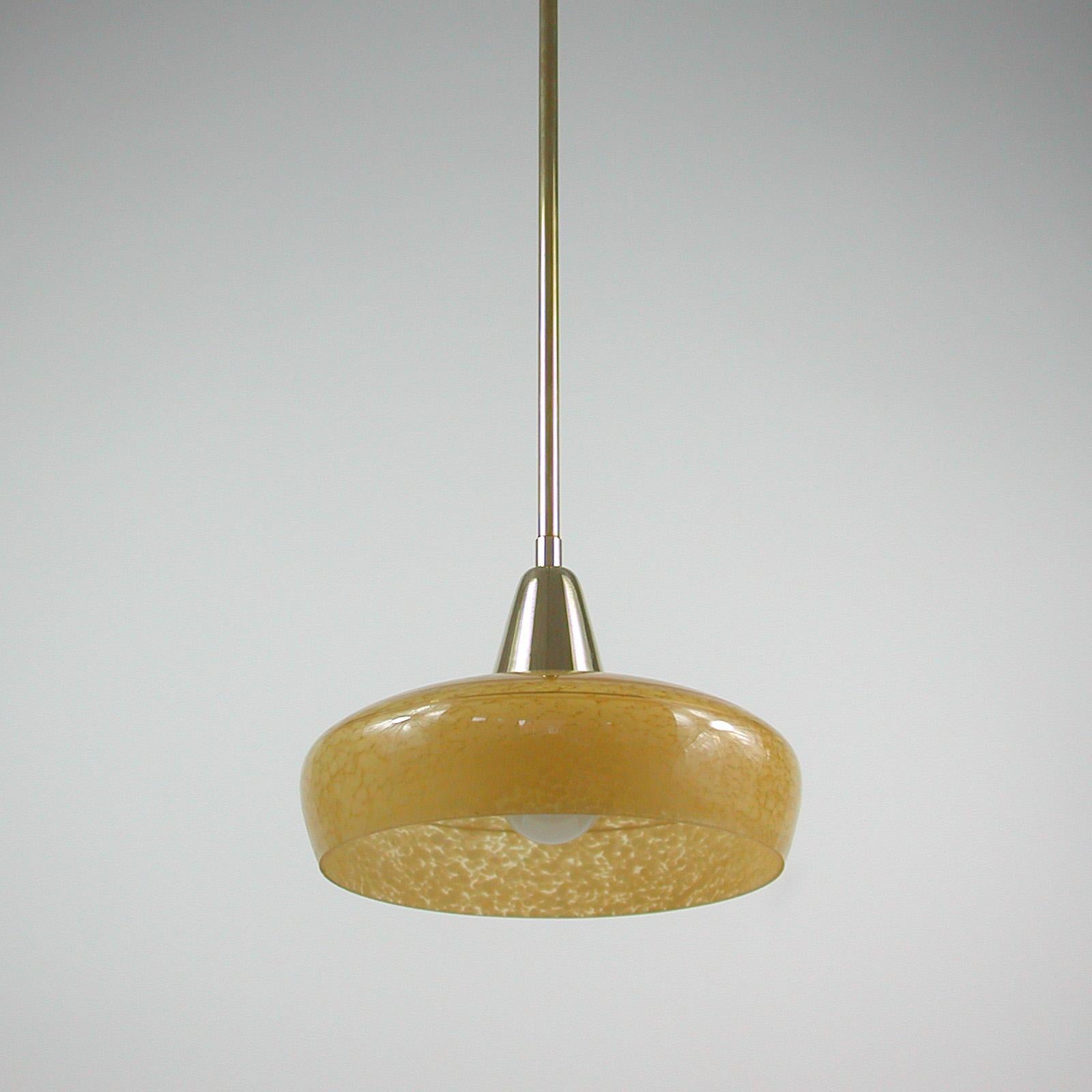 French Art Deco Amber Glass and Brass Pendants, 1930s-1940s, Set of 3 9