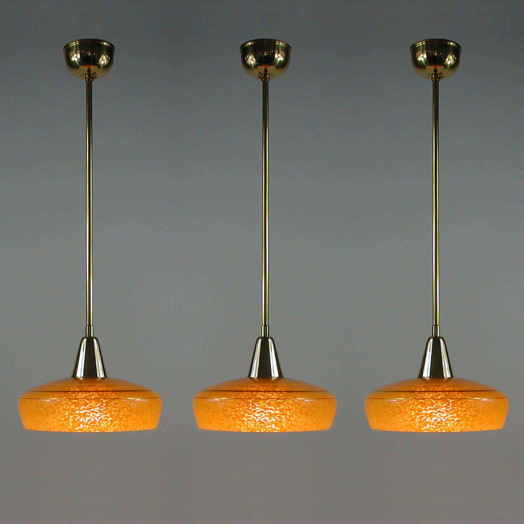 Mid-20th Century French Art Deco Amber Glass and Brass Pendants, 1930s-1940s, Set of 3