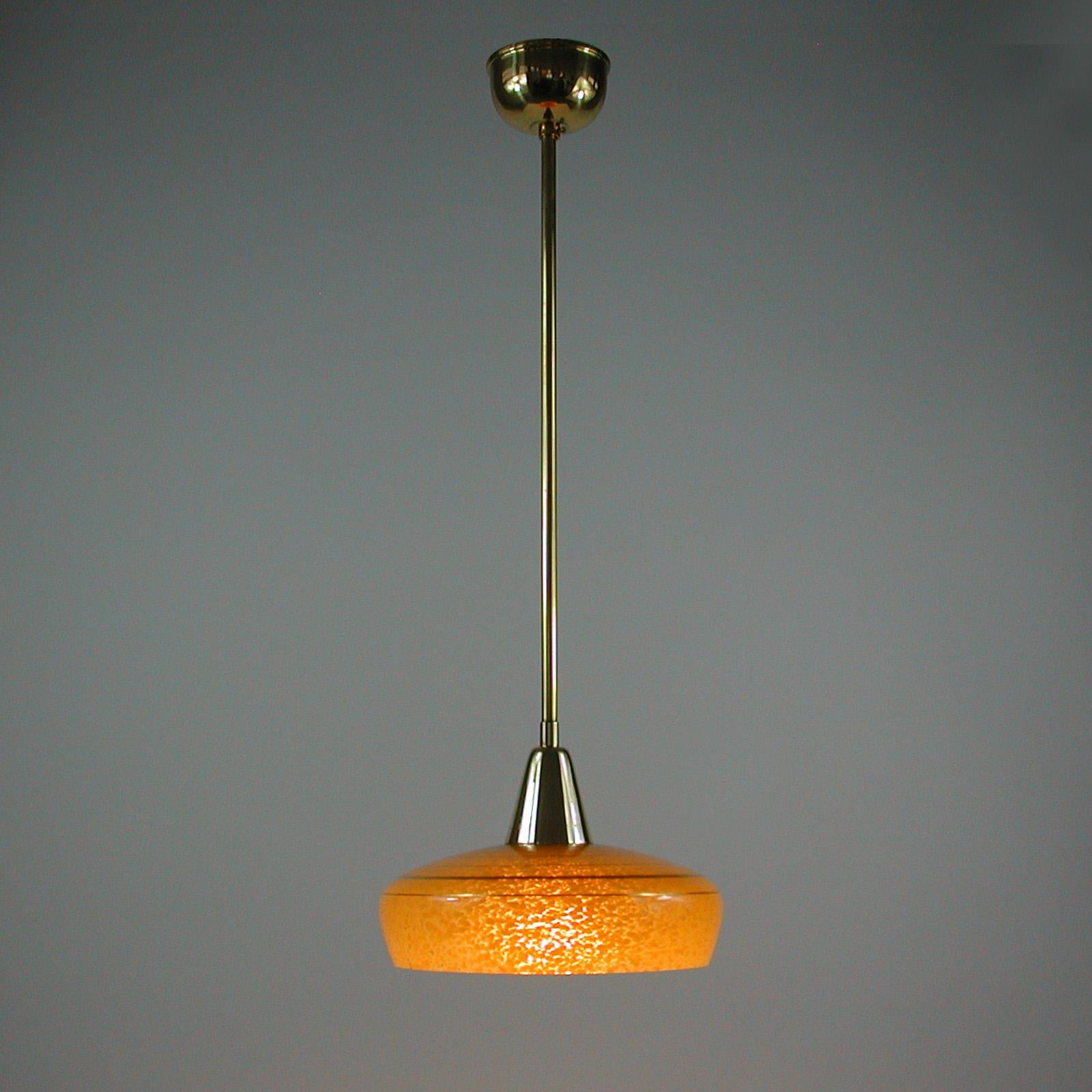 French Art Deco Amber Glass and Brass Pendants, 1930s-1940s, Set of 3 2
