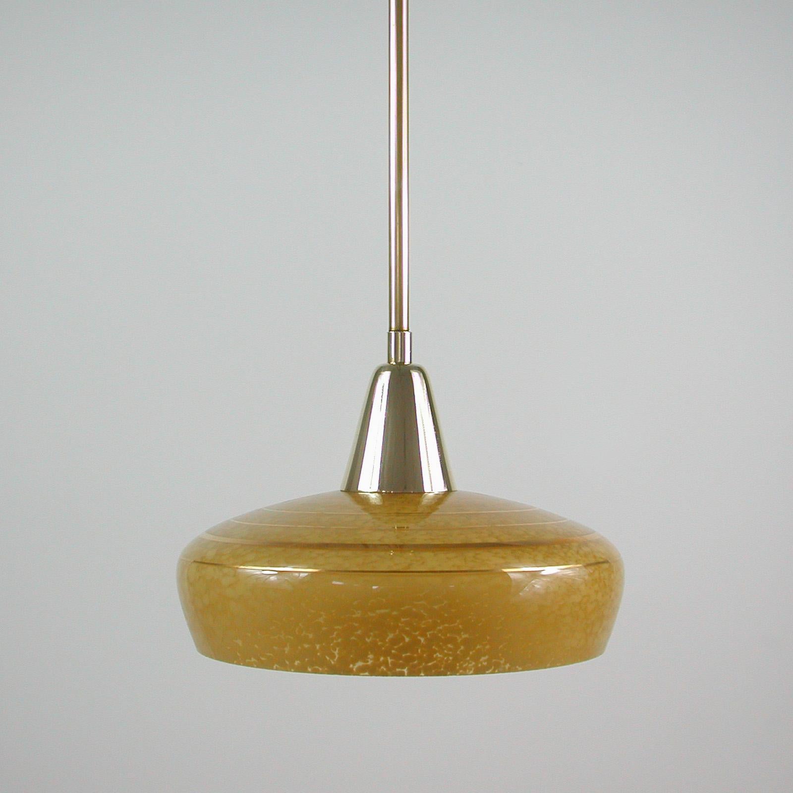 French Art Deco Amber Glass and Brass Pendants, 1930s-1940s, Set of 3 3