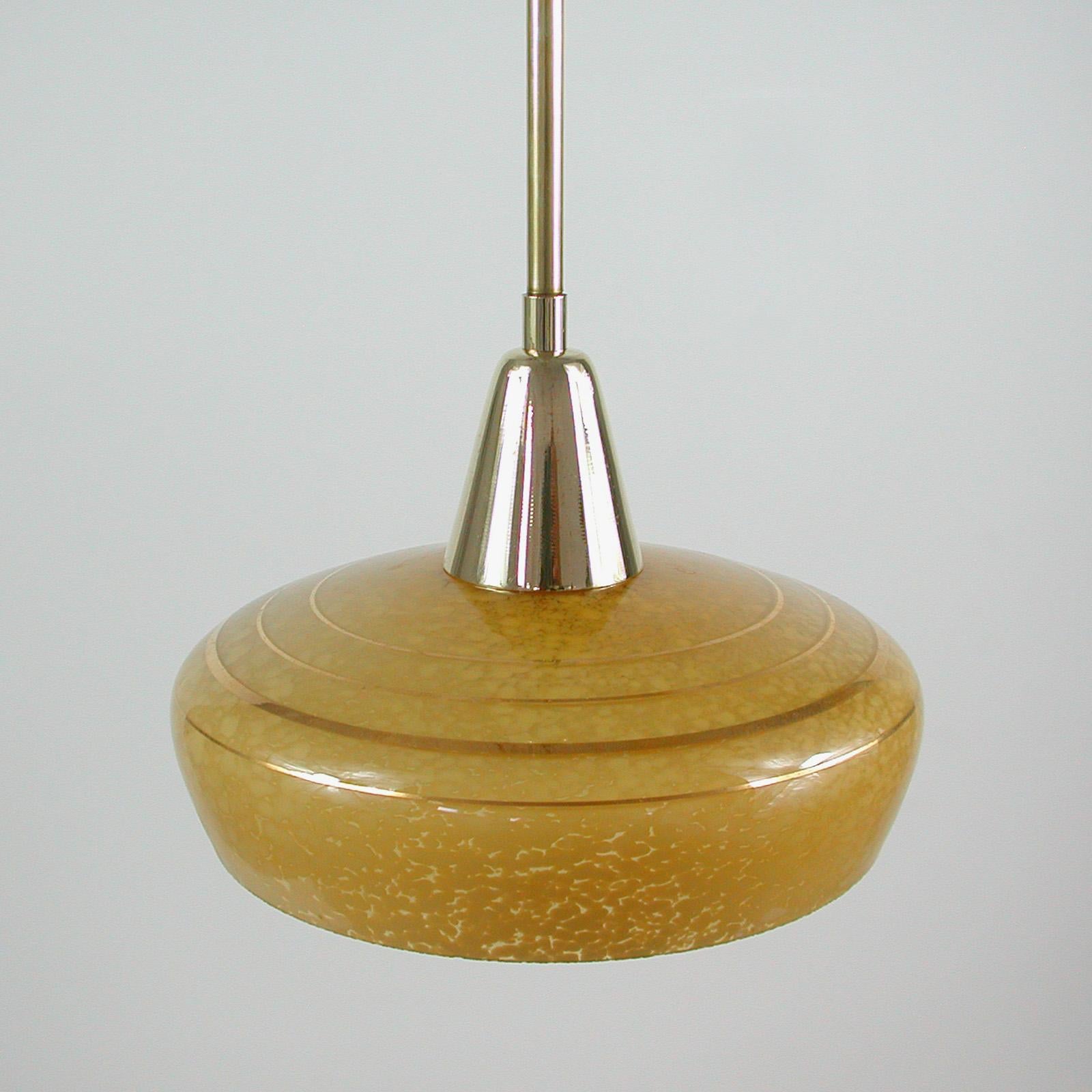 French Art Deco Amber Glass and Brass Pendants, 1930s-1940s, Set of 3 4