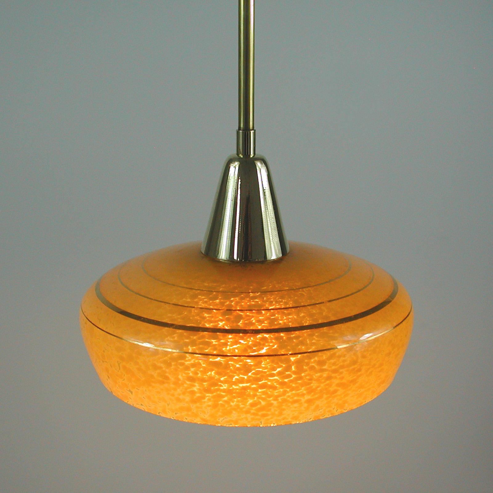 French Art Deco Amber Glass and Brass Pendants, 1930s-1940s, Set of 3 5