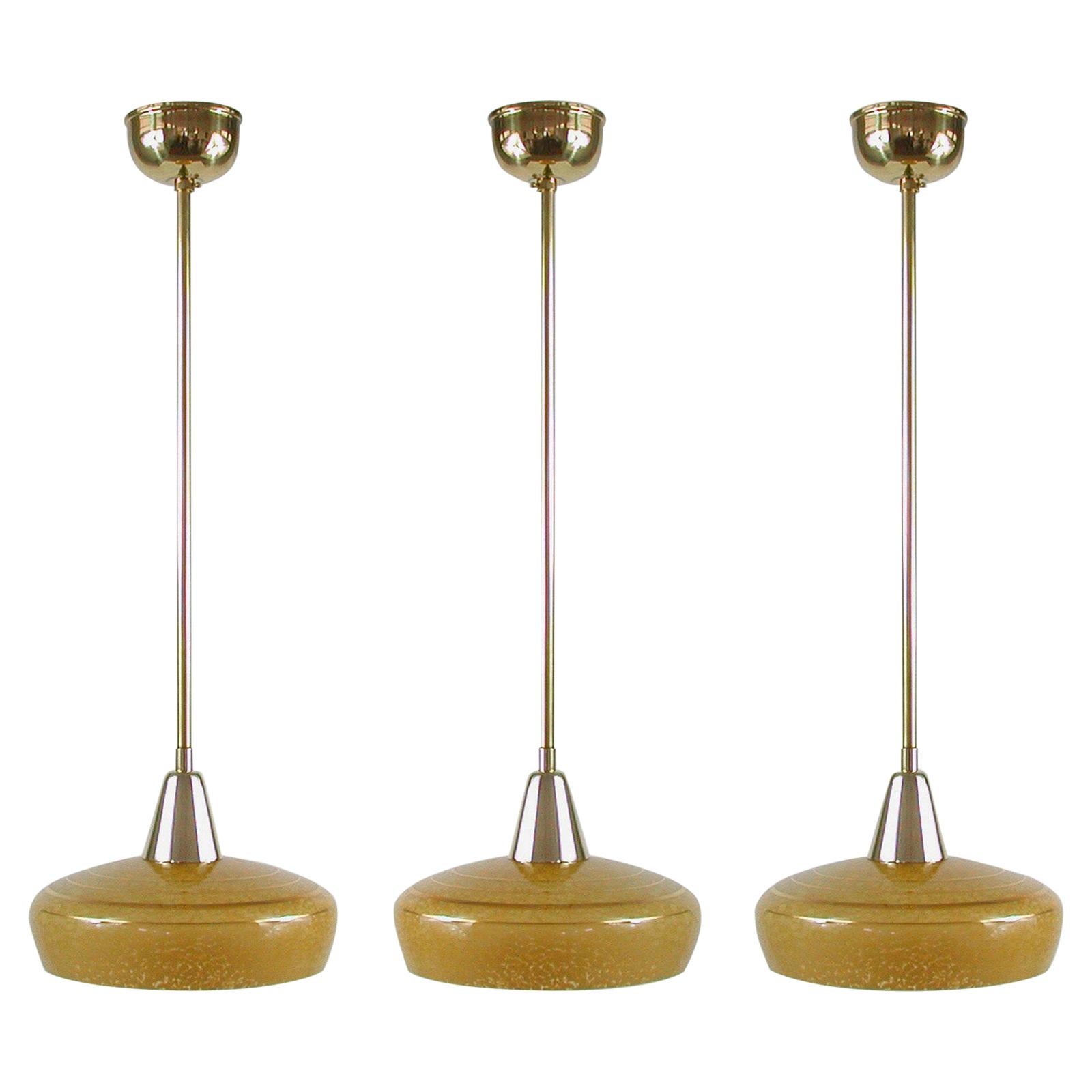 French Art Deco Amber Glass and Brass Pendants, 1930s-1940s, Set of 3