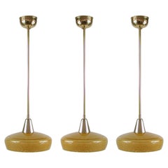 French Art Deco Amber Glass and Brass Pendants, 1930s-1940s, Set of 3