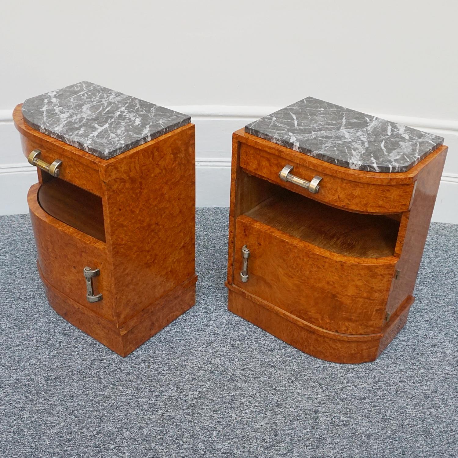 French Art Deco Amboyna and Marble Bedside Cabinets 3