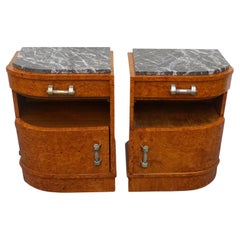 French Art Deco Amboyna and Marble Bedside Cabinets