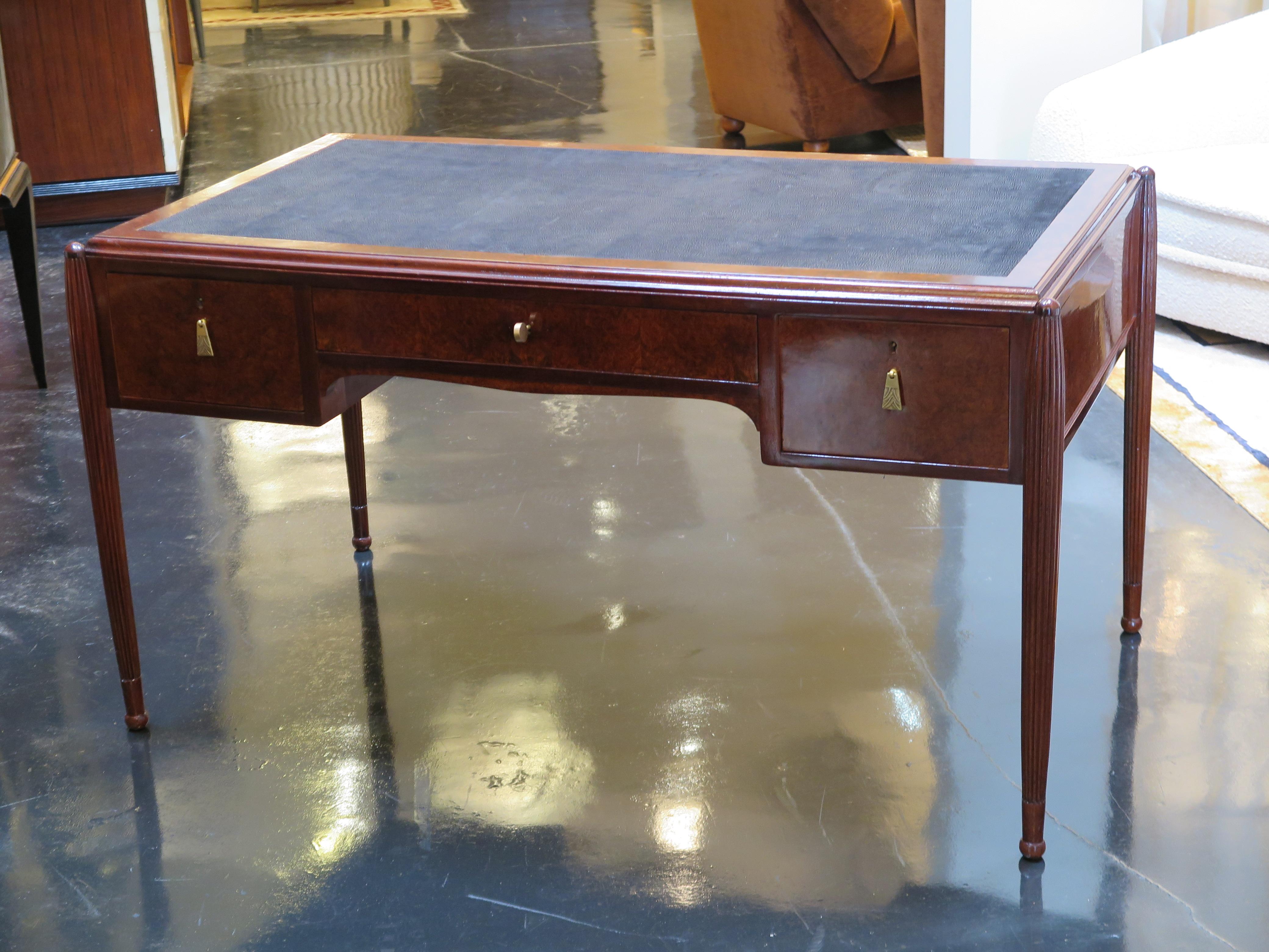 Mid-20th Century French Art Deco Amboyna Burl Wood Desk with Leather Top For Sale