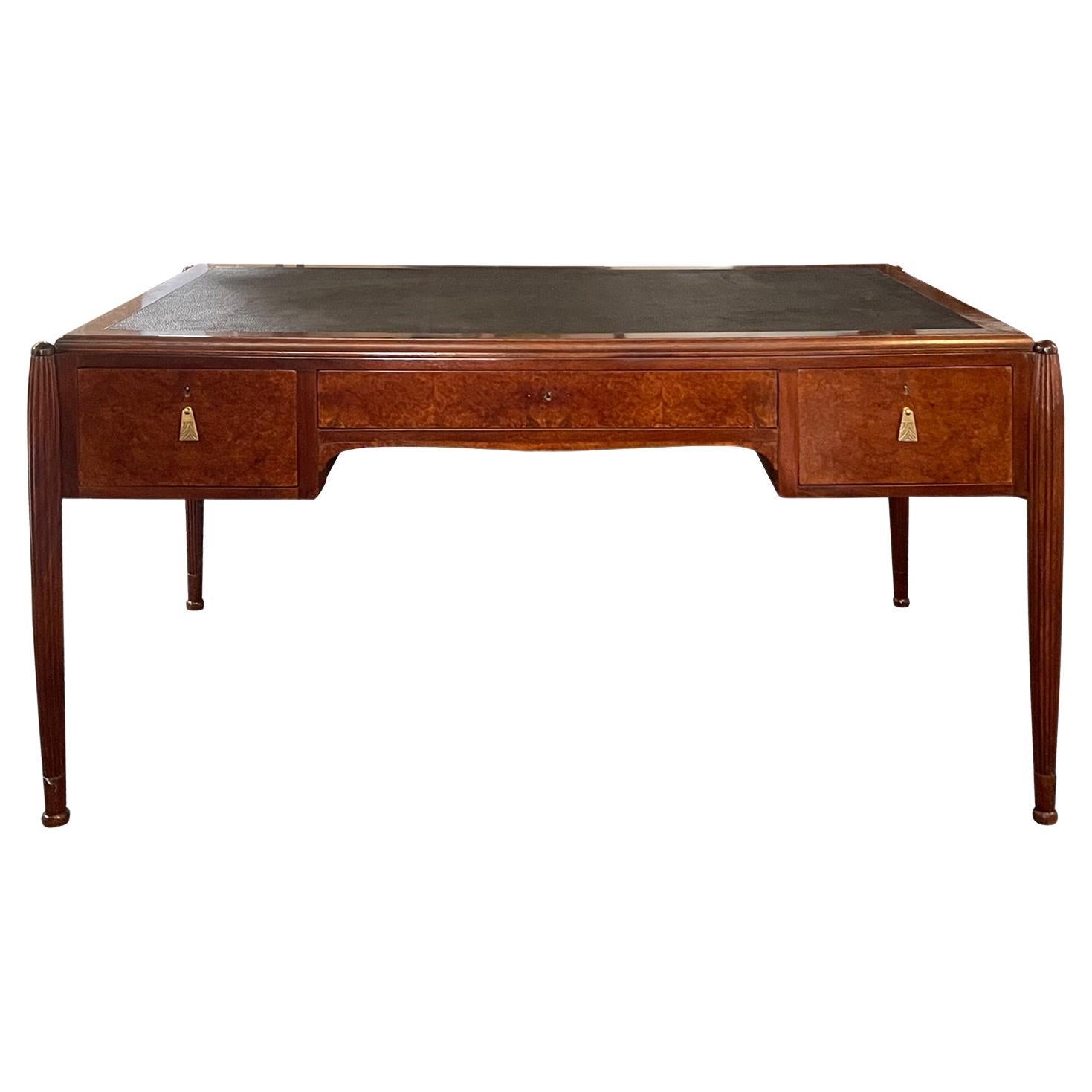French Art Deco Amboyna Burl Wood Desk with Leather Top For Sale