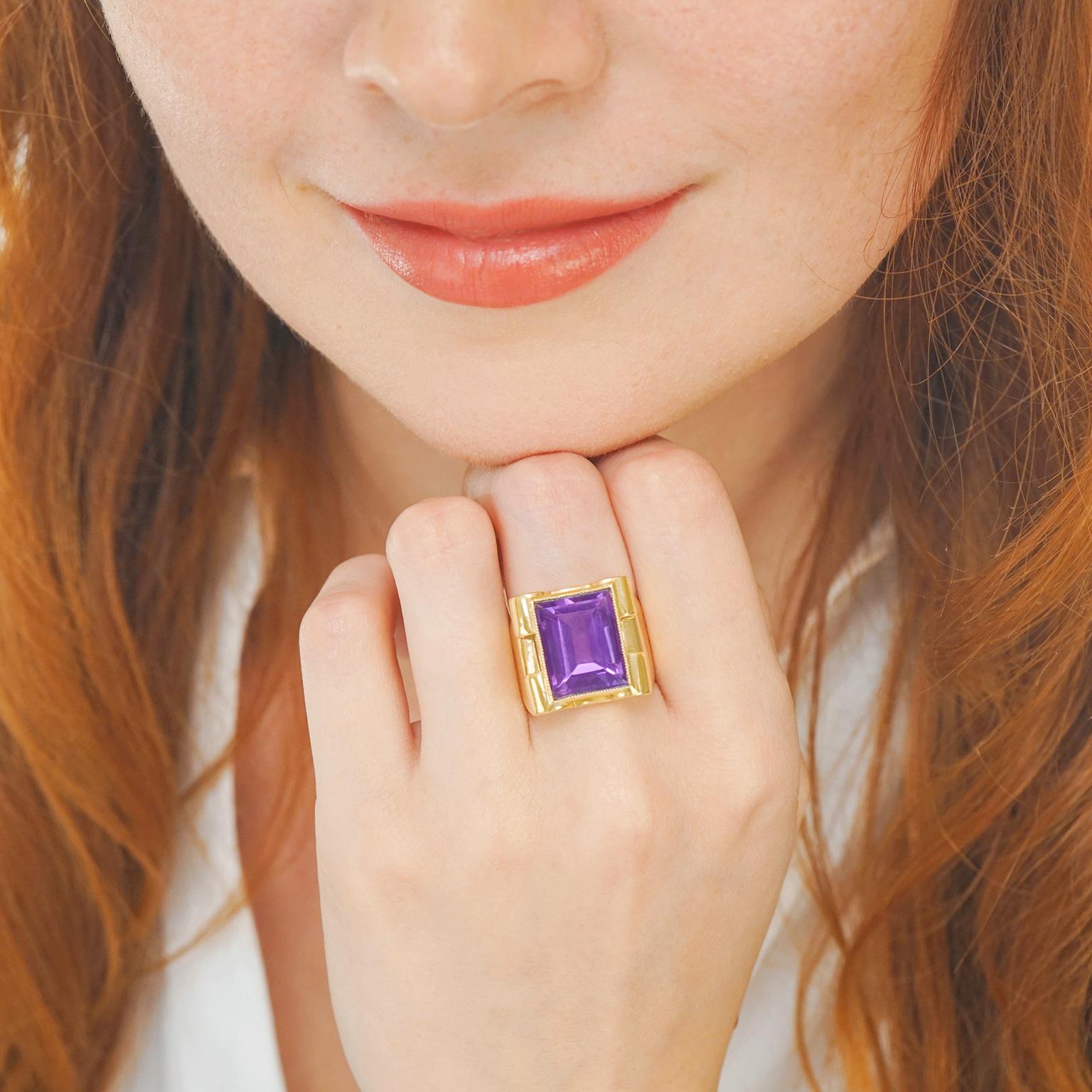 Emerald Cut French Art Deco Amethyst and Gold Ring