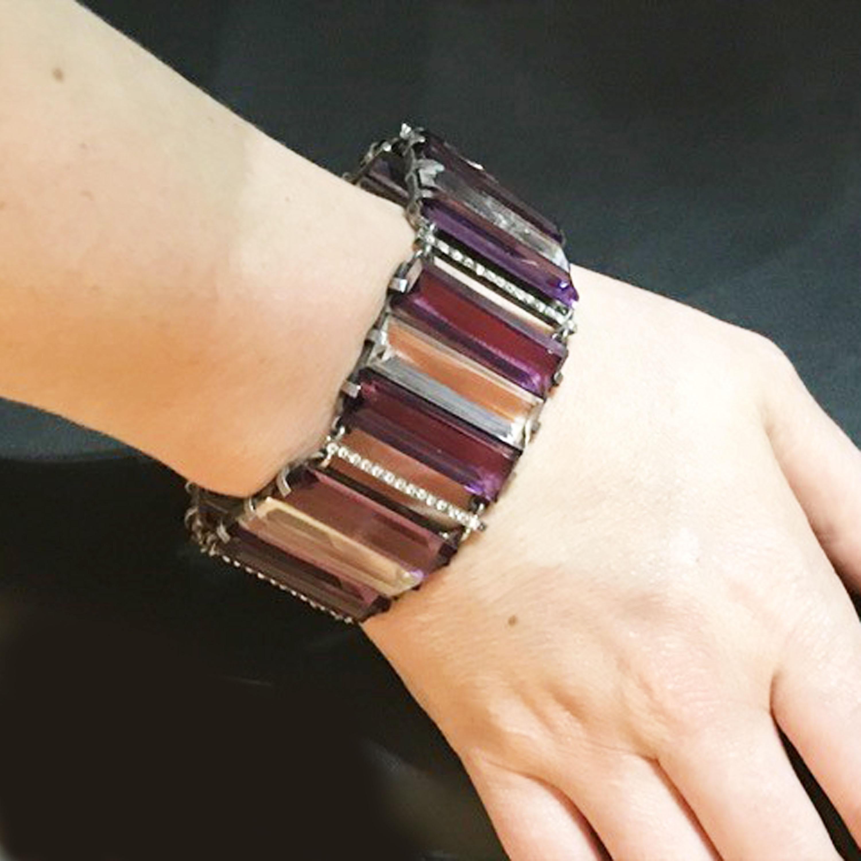 Women's French Art Deco Amethyst Rock Crystal and Silver Bracelet, Circa 1930