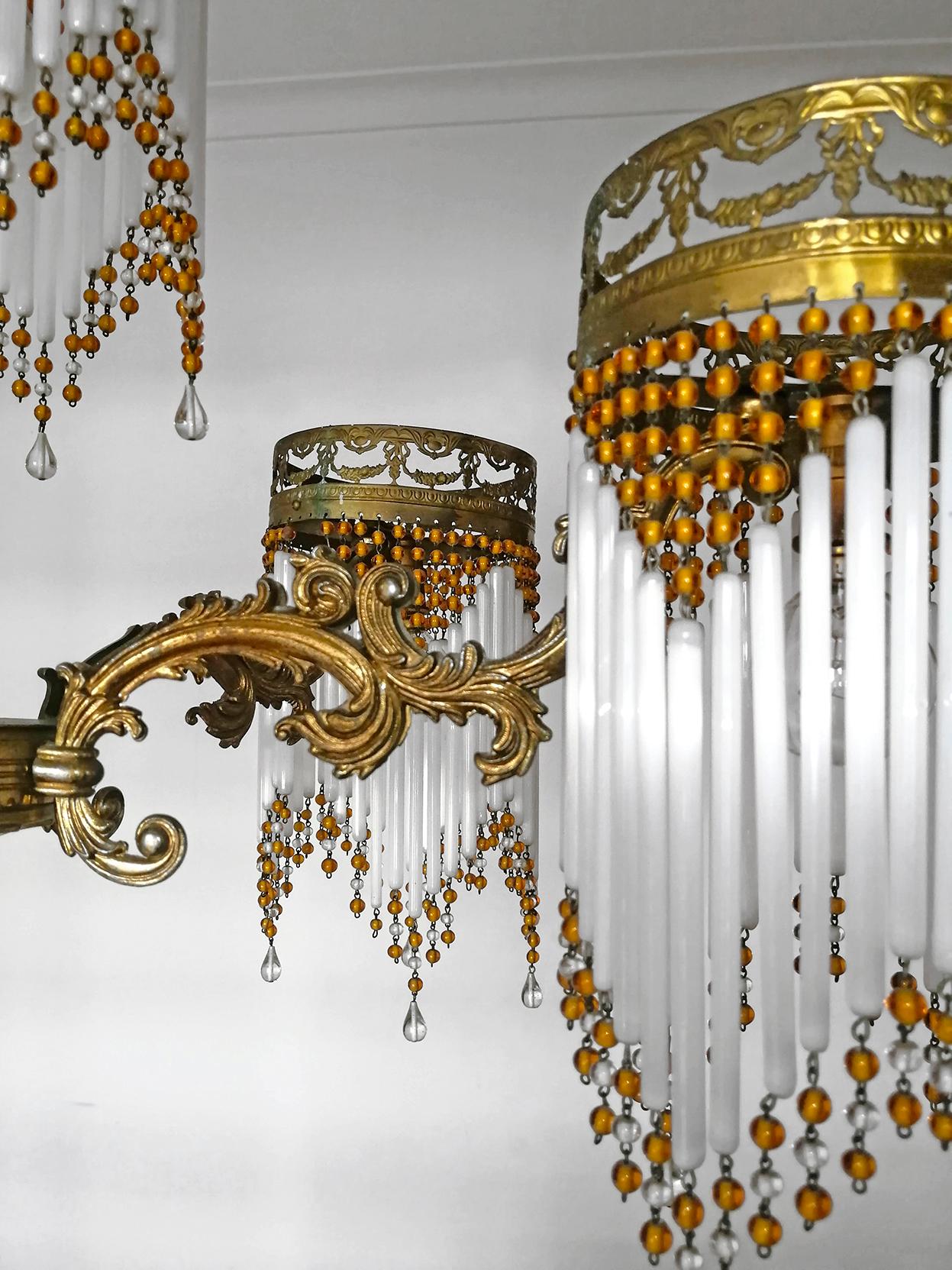 French Art Deco and Art Nouveau Amber Beaded Fringe and Gilt Ornate Chandelier 7