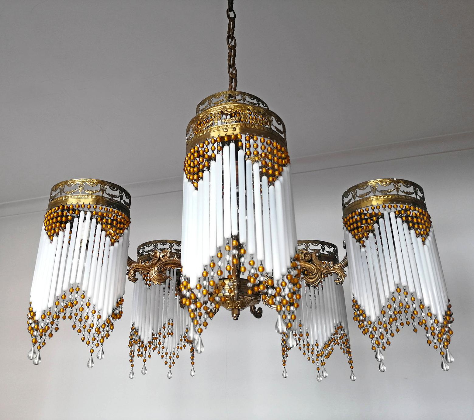 Hollywood Regency French Art Deco and Art Nouveau Amber Beaded Fringe and Gilt Ornate Chandelier