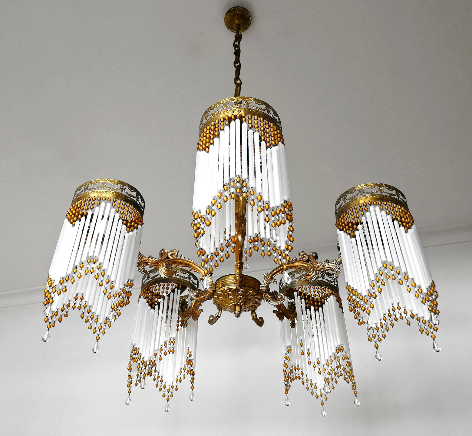 20th Century French Art Deco and Art Nouveau Amber Beaded Fringe and Gilt Ornate Chandelier