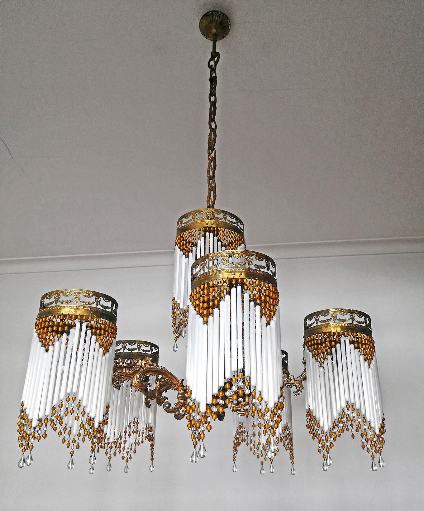 Opaline Glass French Art Deco and Art Nouveau Amber Beaded Fringe and Gilt Ornate Chandelier