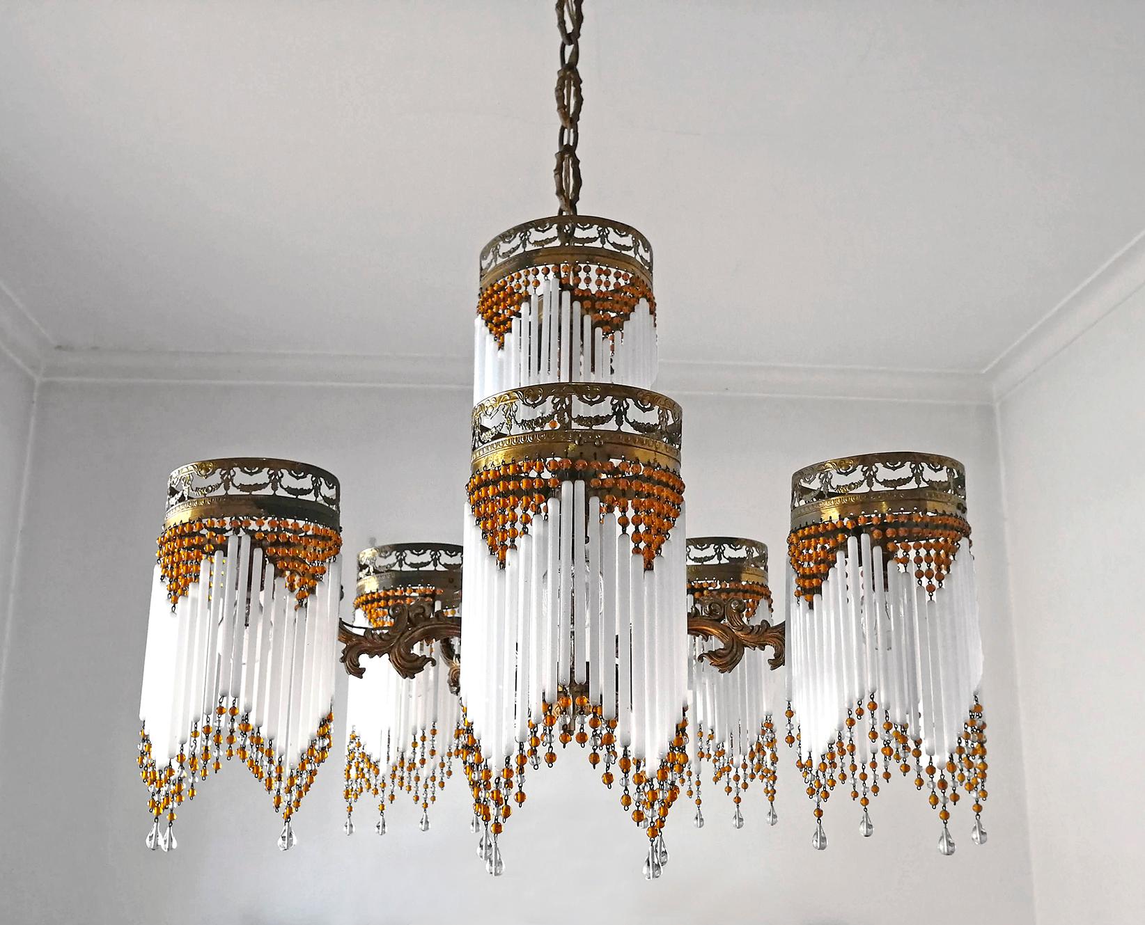 French Art Deco and Art Nouveau Amber Beaded Fringe and Gilt Ornate Chandelier 1