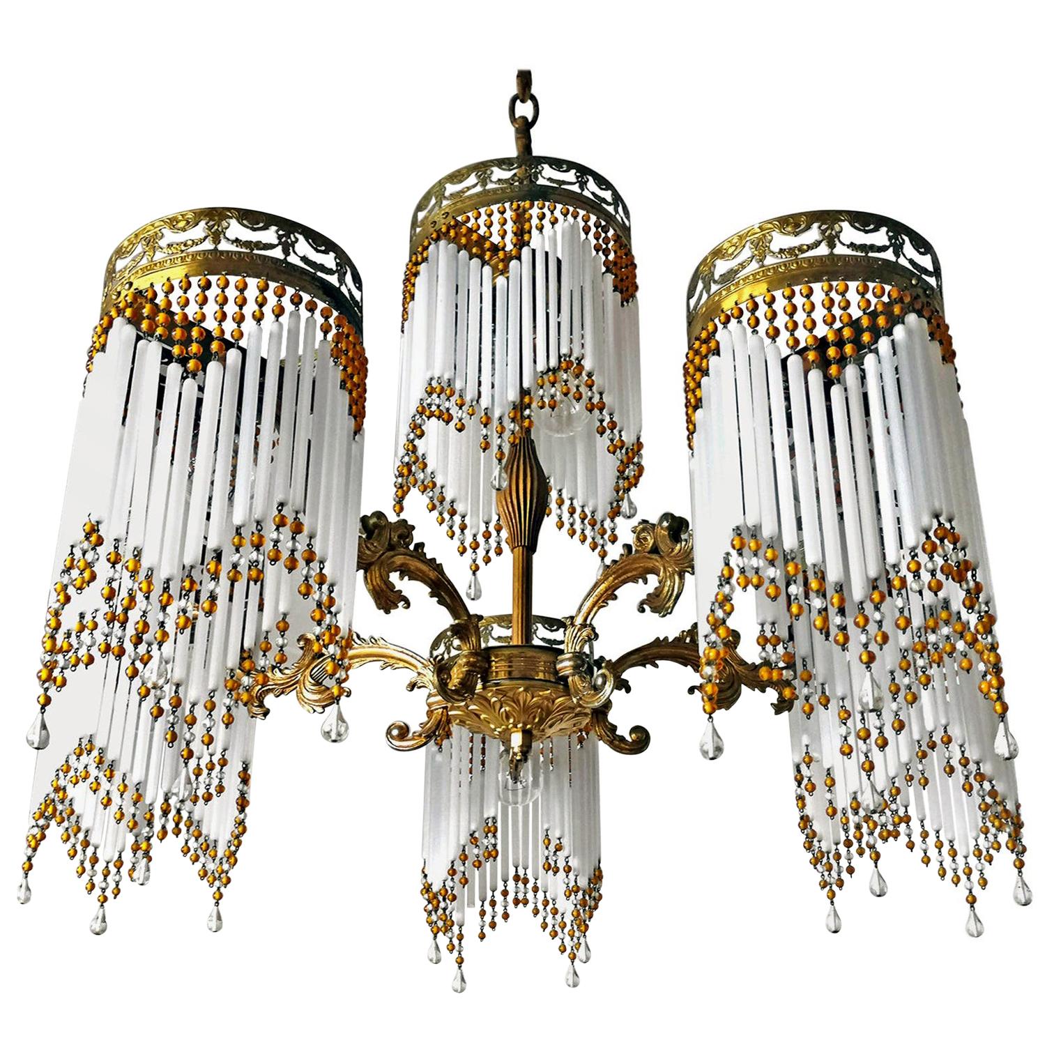 French Art Deco and Art Nouveau Amber Beaded Fringe and Gilt Ornate Chandelier