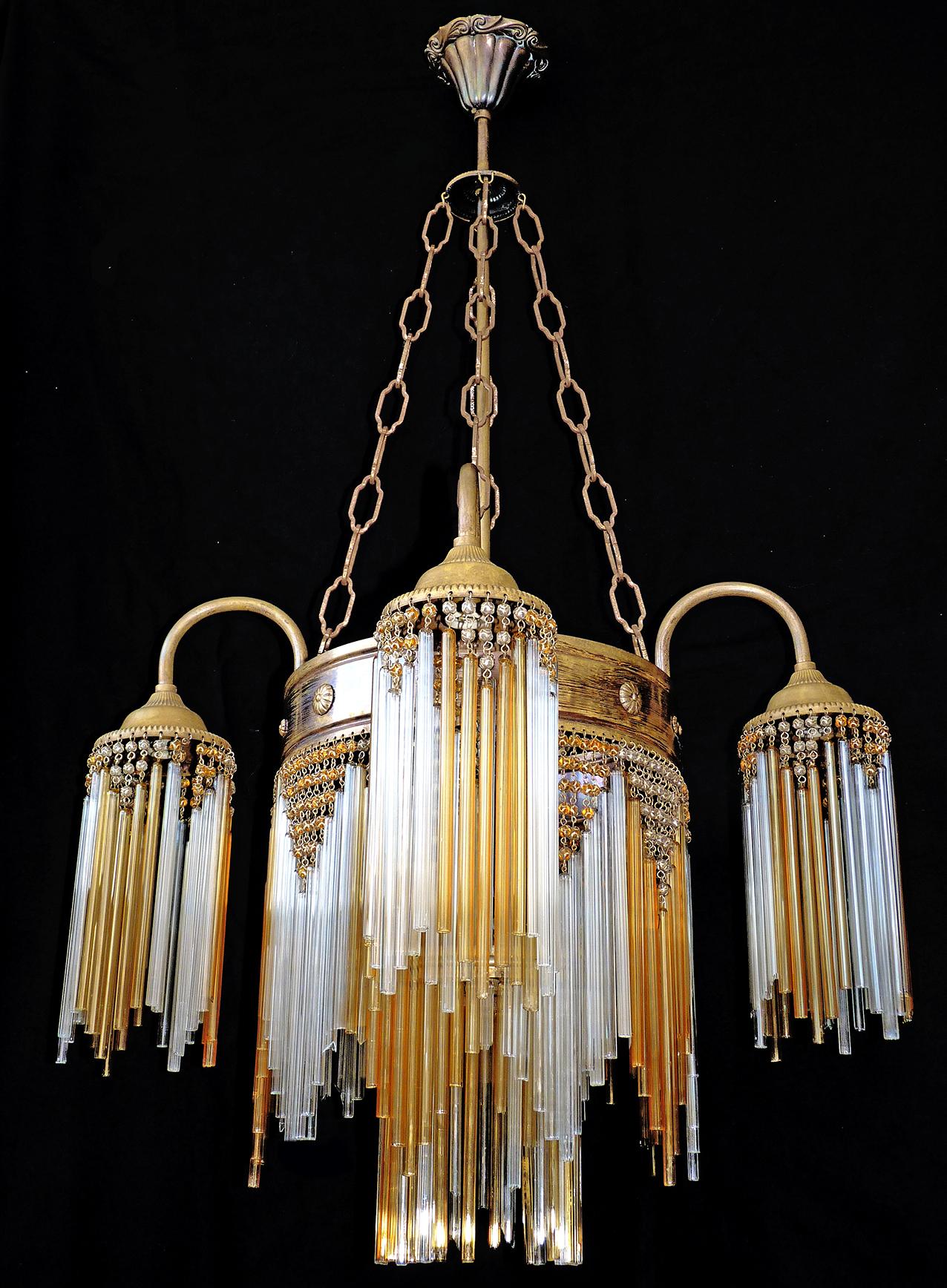 Hollywood Regency French Art Deco and Art Nouveau Amber Straw Fringe and Beaded Glass Chandelier