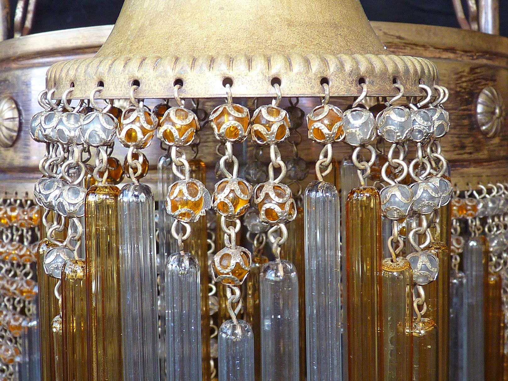 20th Century French Art Deco and Art Nouveau Amber Straw Fringe and Beaded Glass Chandelier