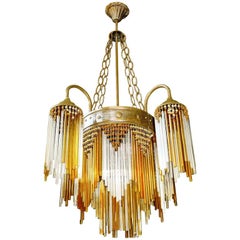 French Art Deco and Art Nouveau Amber Straw Fringe and Beaded Glass Chandelier