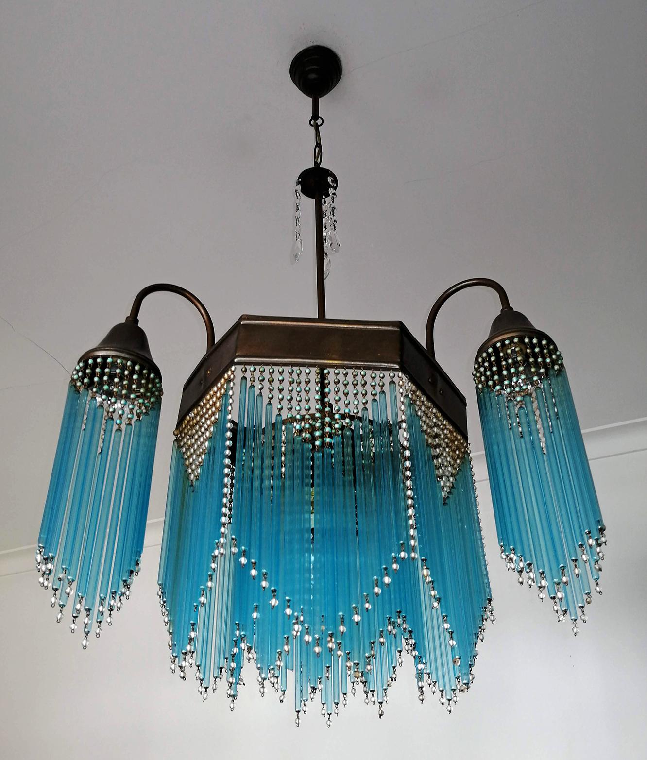 French Art Deco and Art Nouveau Blue Straw Fringe and Beaded Glass Chandelier 5