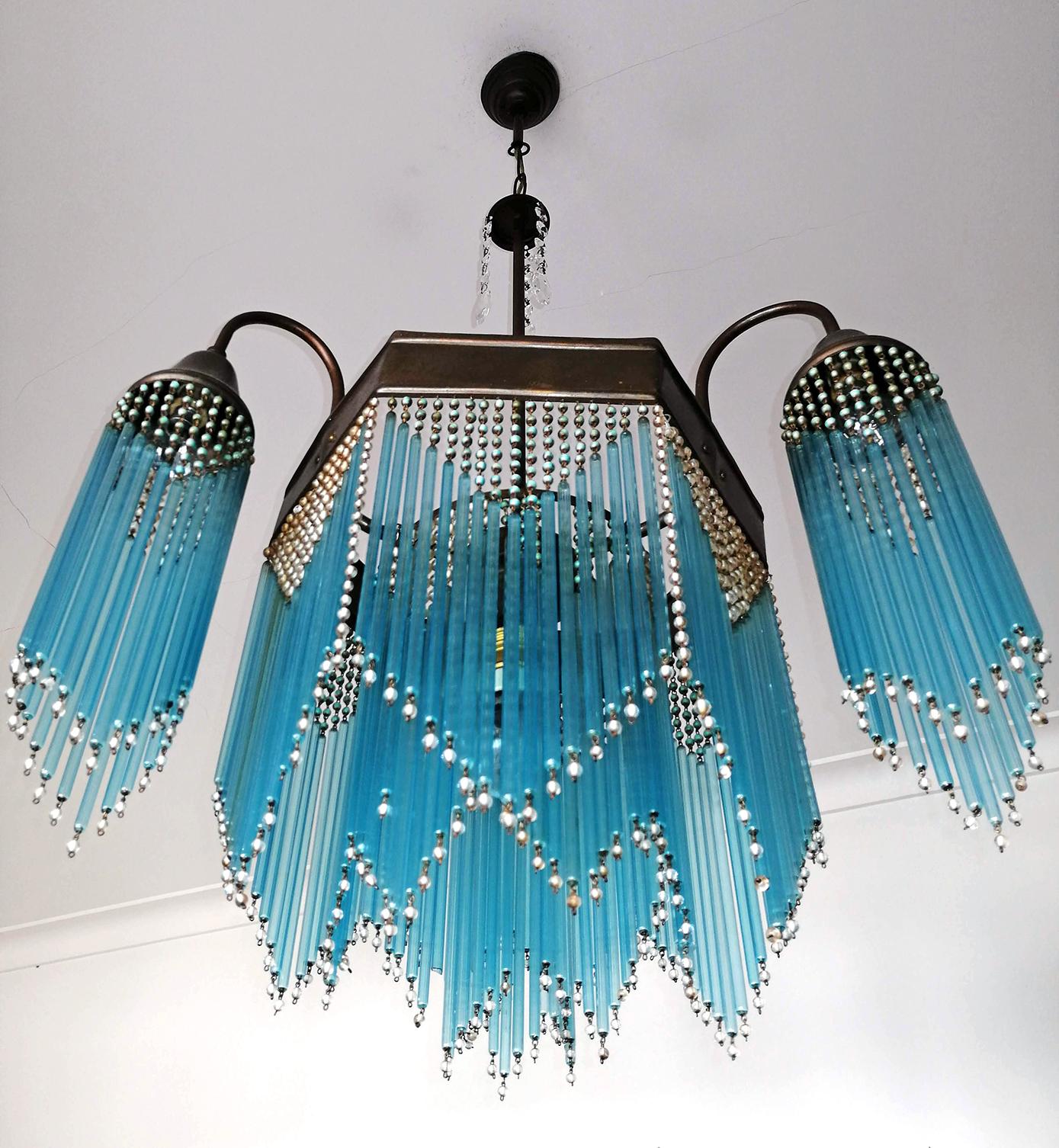 French Art Deco and Art Nouveau Blue Straw Fringe and Beaded Glass Chandelier 6