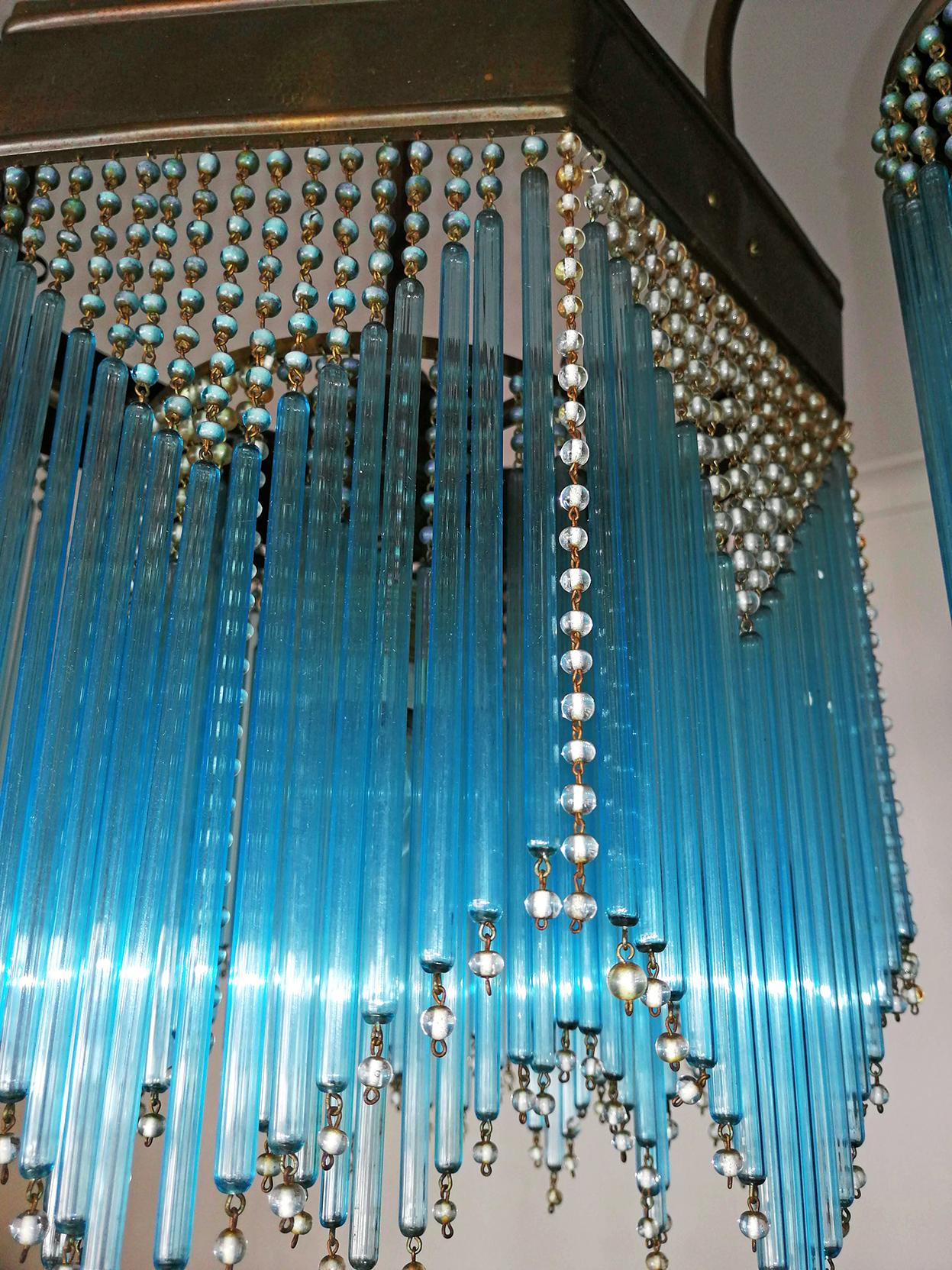 French Art Deco and Art Nouveau Blue Straw Fringe and Beaded Glass Chandelier 7