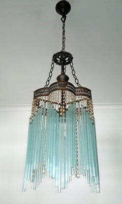 French Art Deco and Art Nouveau Blue Straw Fringe and Beaded Glass Chandelier