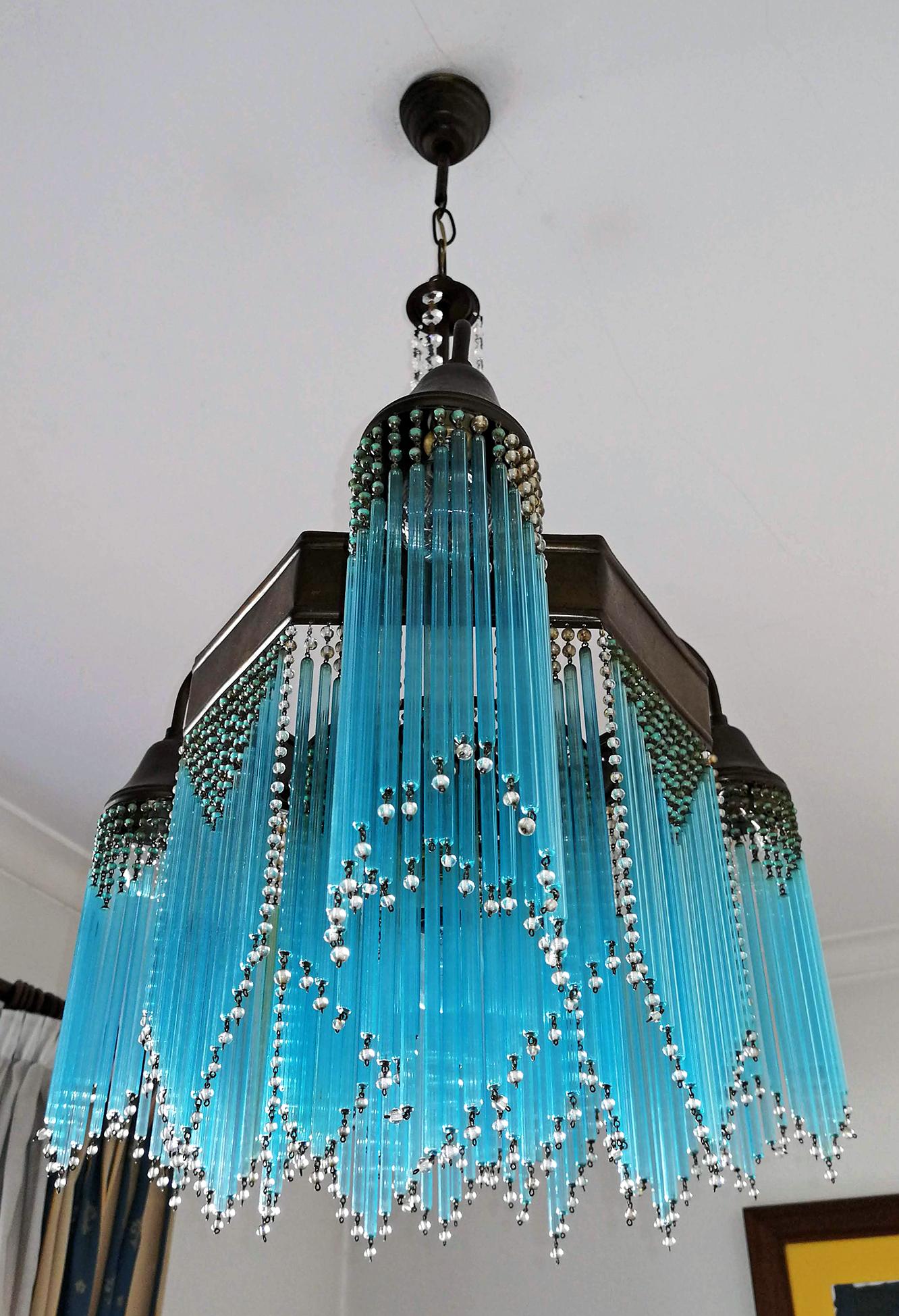 French Art Deco and Art Nouveau Blue Straw Fringe and Beaded Glass Chandelier In Good Condition In Coimbra, PT