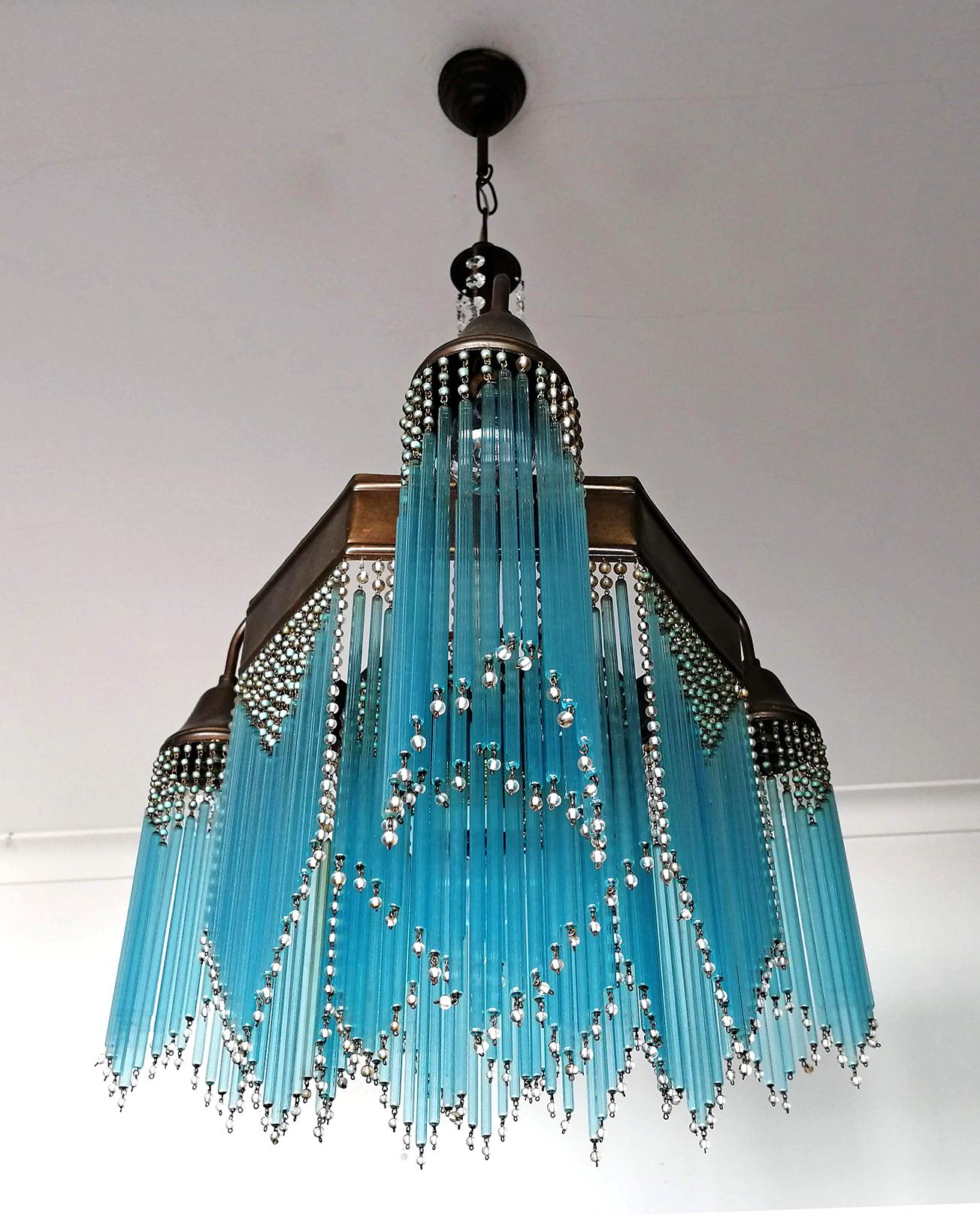 20th Century French Art Deco and Art Nouveau Blue Straw Fringe and Beaded Glass Chandelier