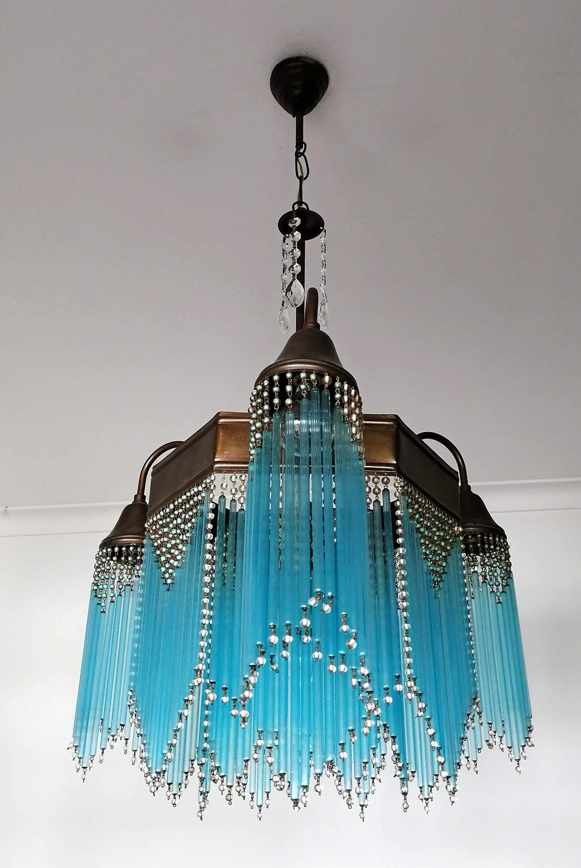 Metal French Art Deco and Art Nouveau Blue Straw Fringe and Beaded Glass Chandelier