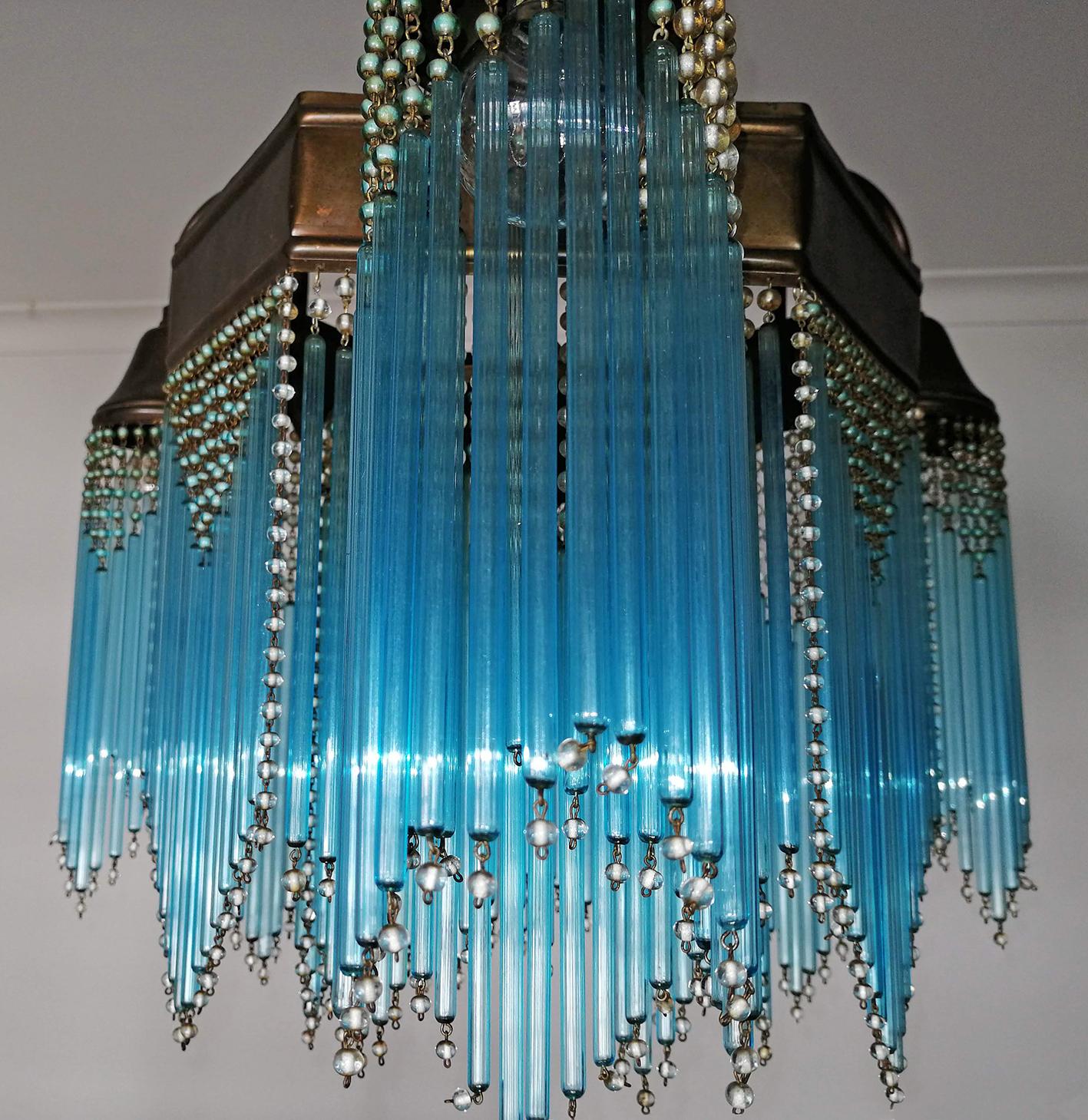 French Art Deco and Art Nouveau Blue Straw Fringe and Beaded Glass Chandelier 1