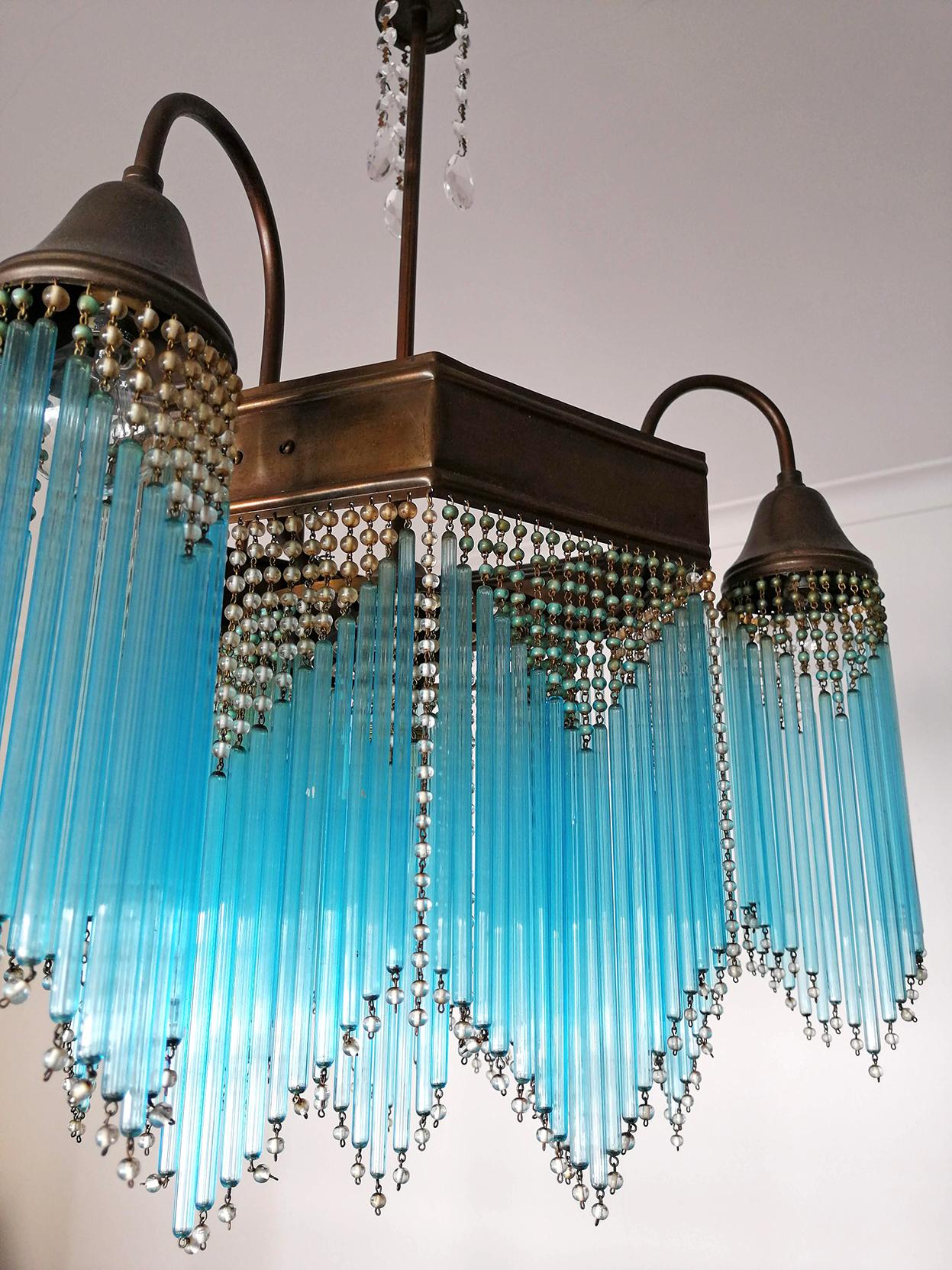 French Art Deco and Art Nouveau Blue Straw Fringe and Beaded Glass Chandelier 2