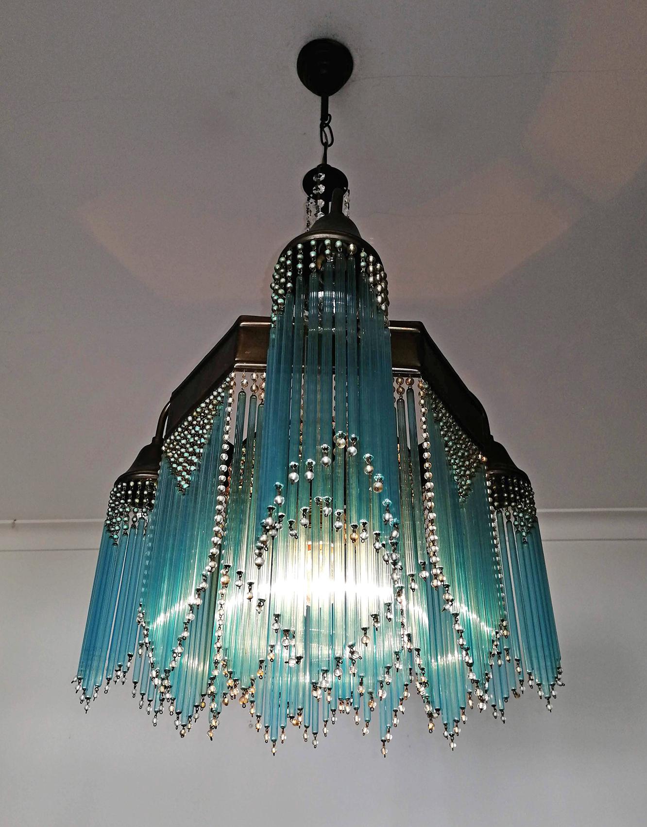 French Art Deco and Art Nouveau Blue Straw Fringe and Beaded Glass Chandelier 3