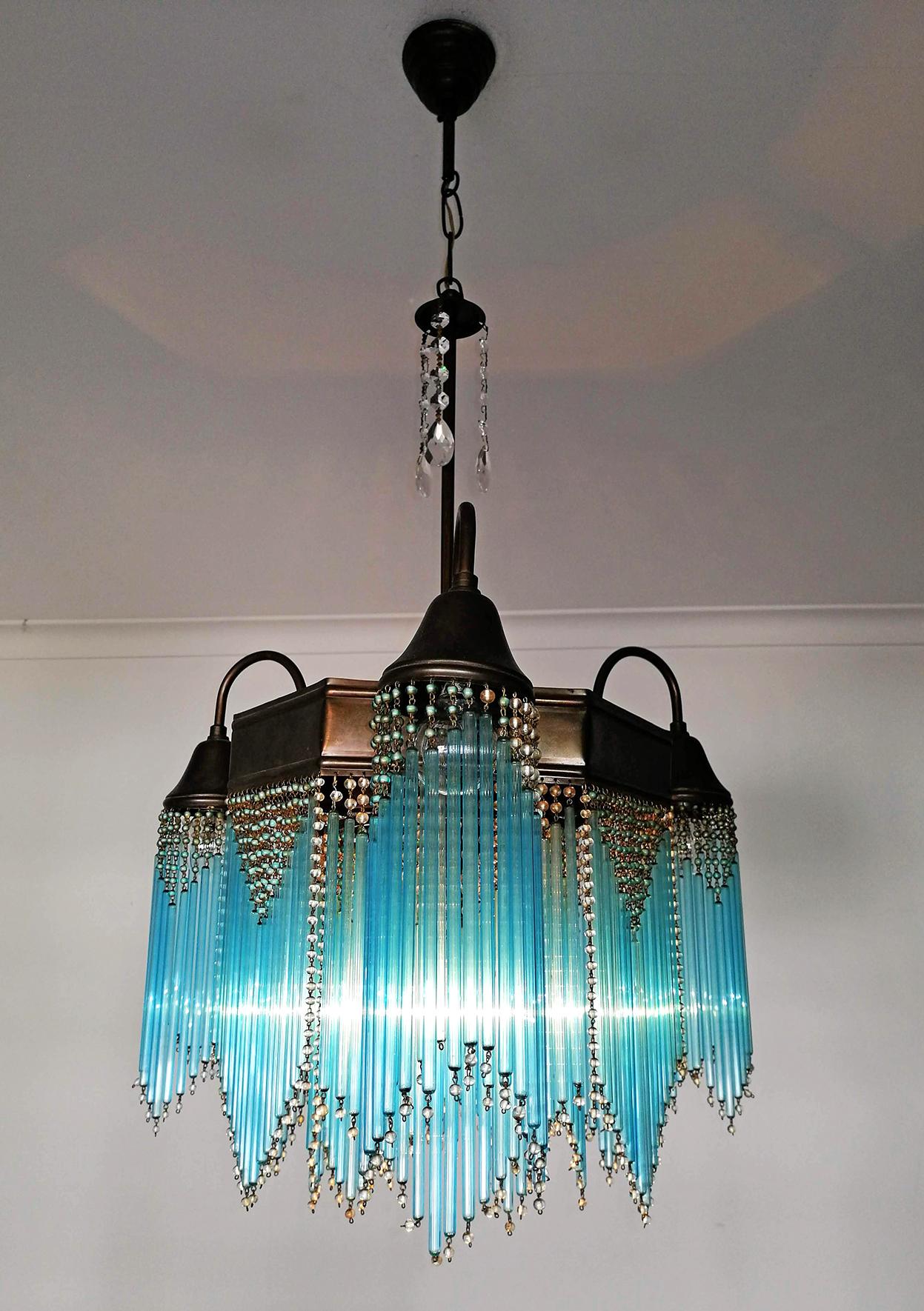 French Art Deco and Art Nouveau Blue Straw Fringe and Beaded Glass Chandelier 4
